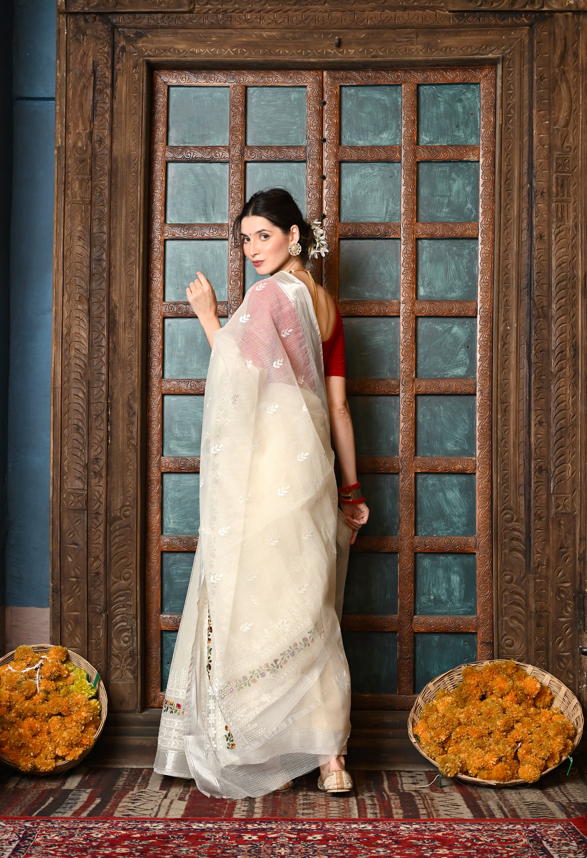 Pearl White Kota Doria Cotton Saree with Intricate Embroidery