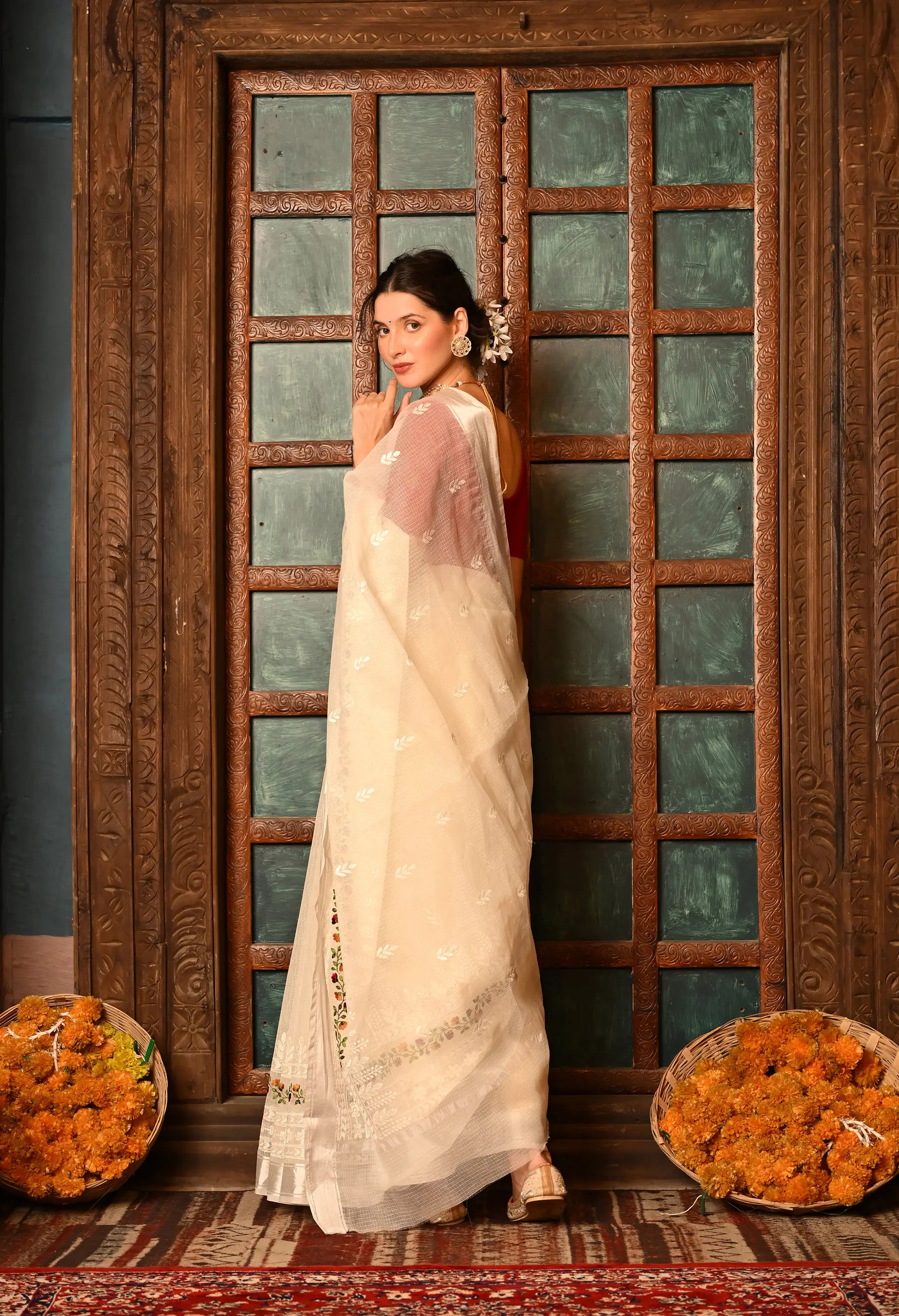 Pearl White Kota Doria Cotton Saree with Intricate Embroidery