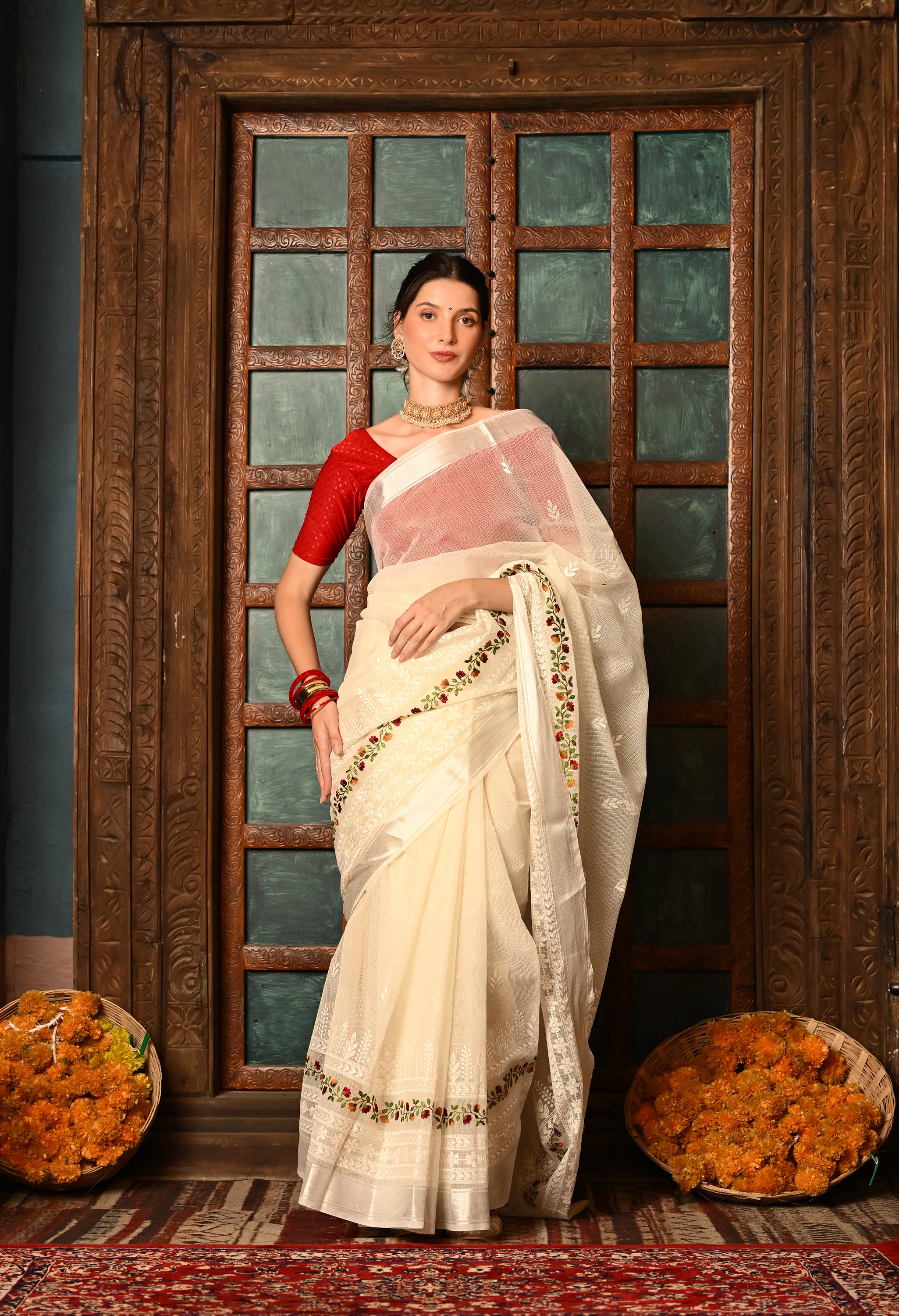 Pearl White Kota Doria Cotton Saree with Intricate Embroidery