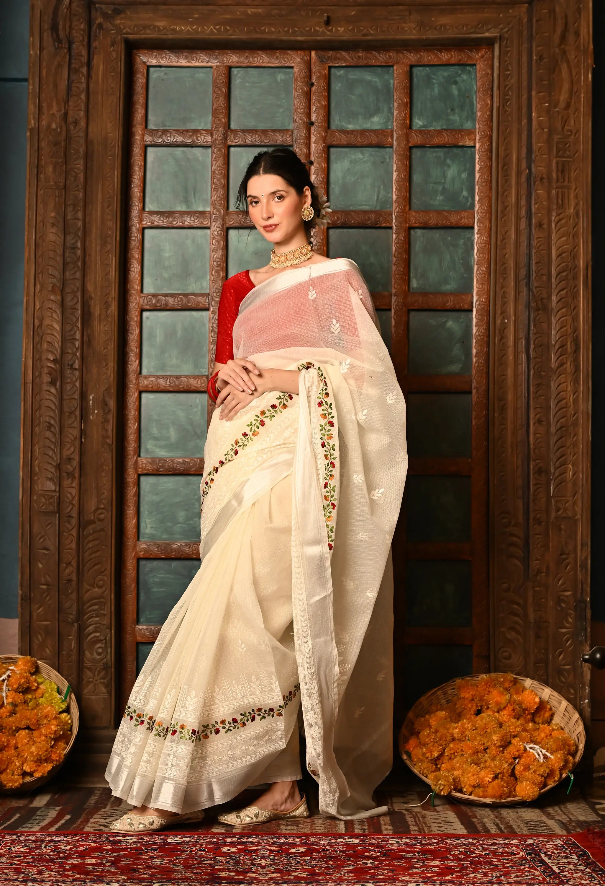 Pearl White Kota Doria Cotton Saree with Intricate Embroidery