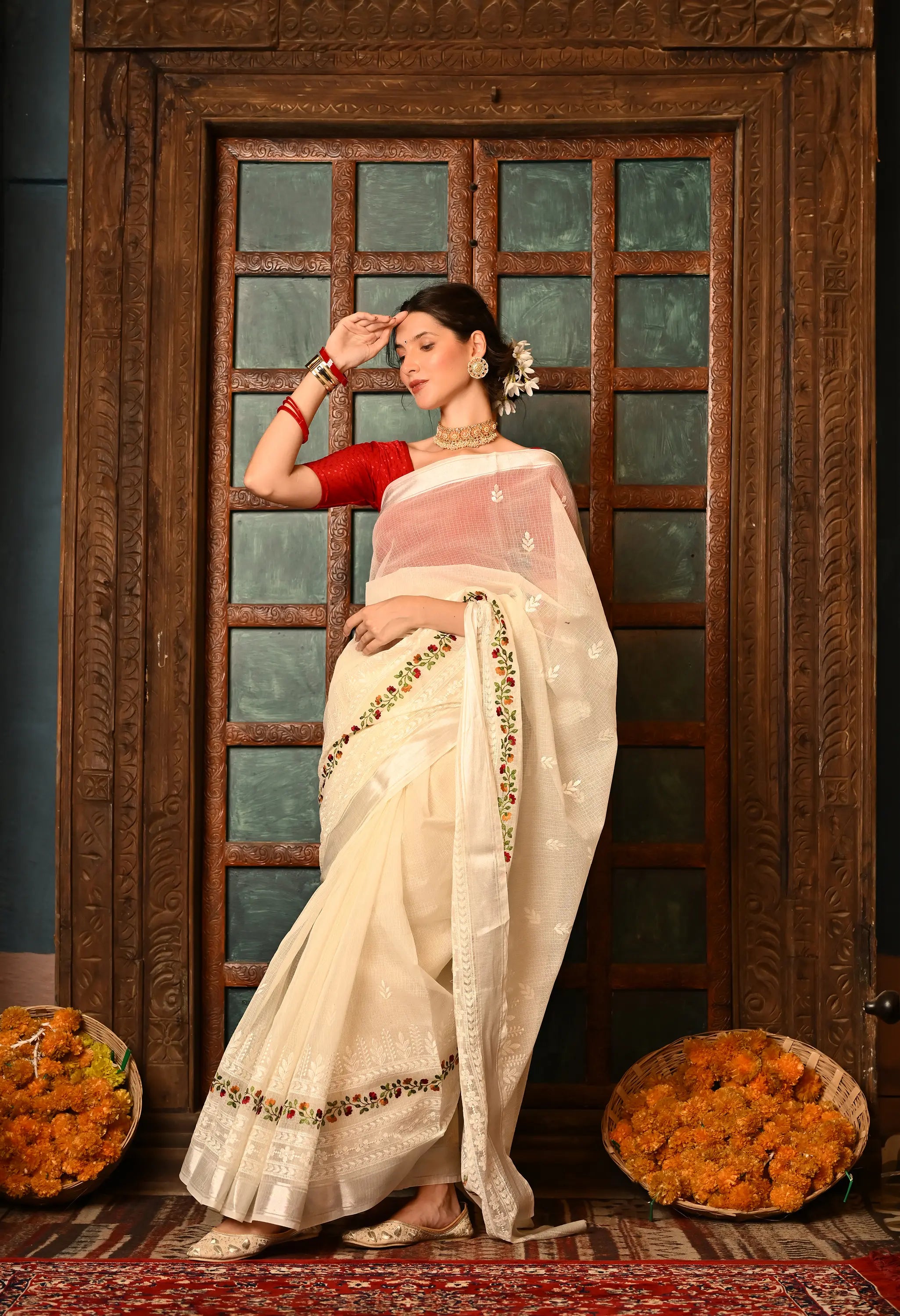 Pearl White Kota Doria Cotton Saree with Intricate Embroidery