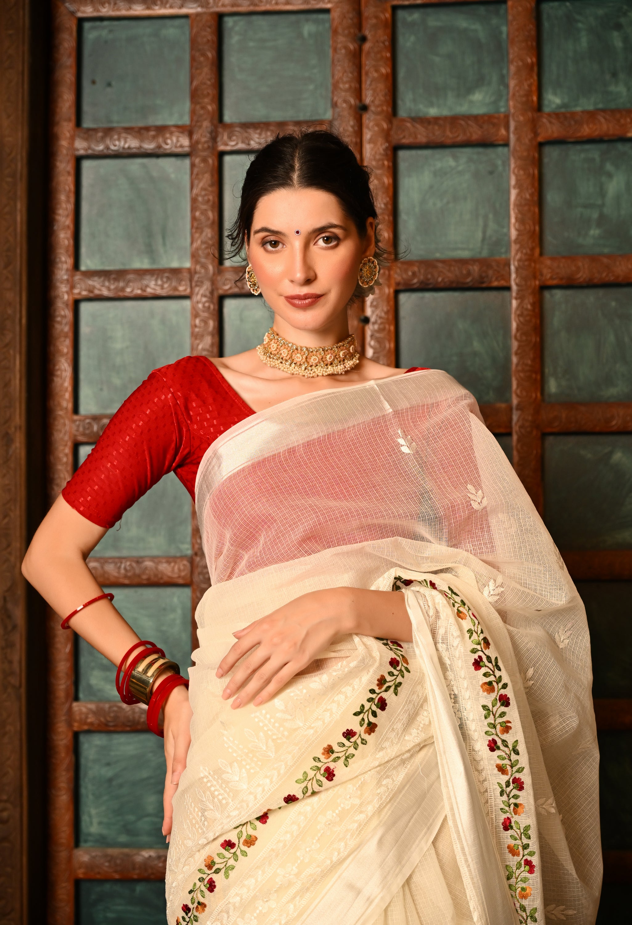 Pearl White Kota Doria Cotton Saree with Intricate Embroidery