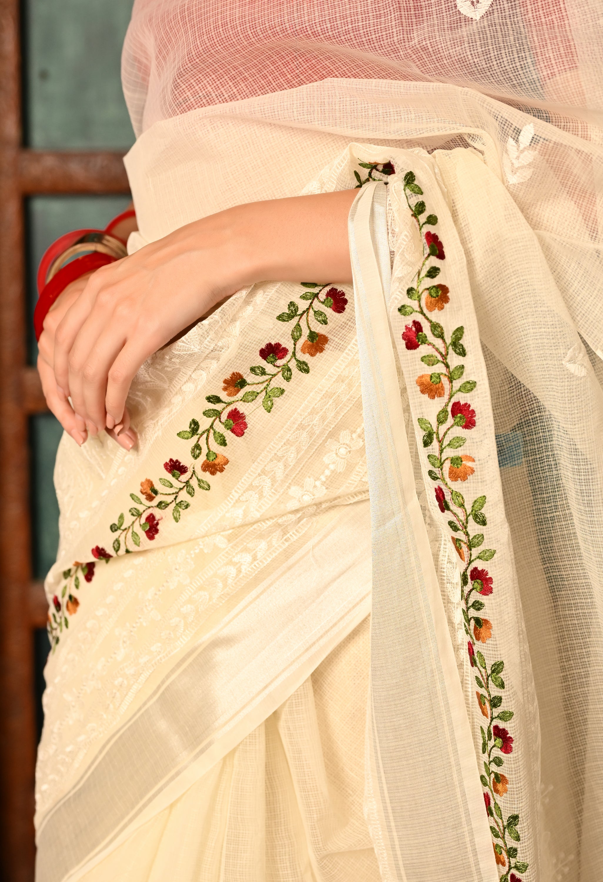 Pearl White Kota Doria Cotton Saree with Intricate Embroidery