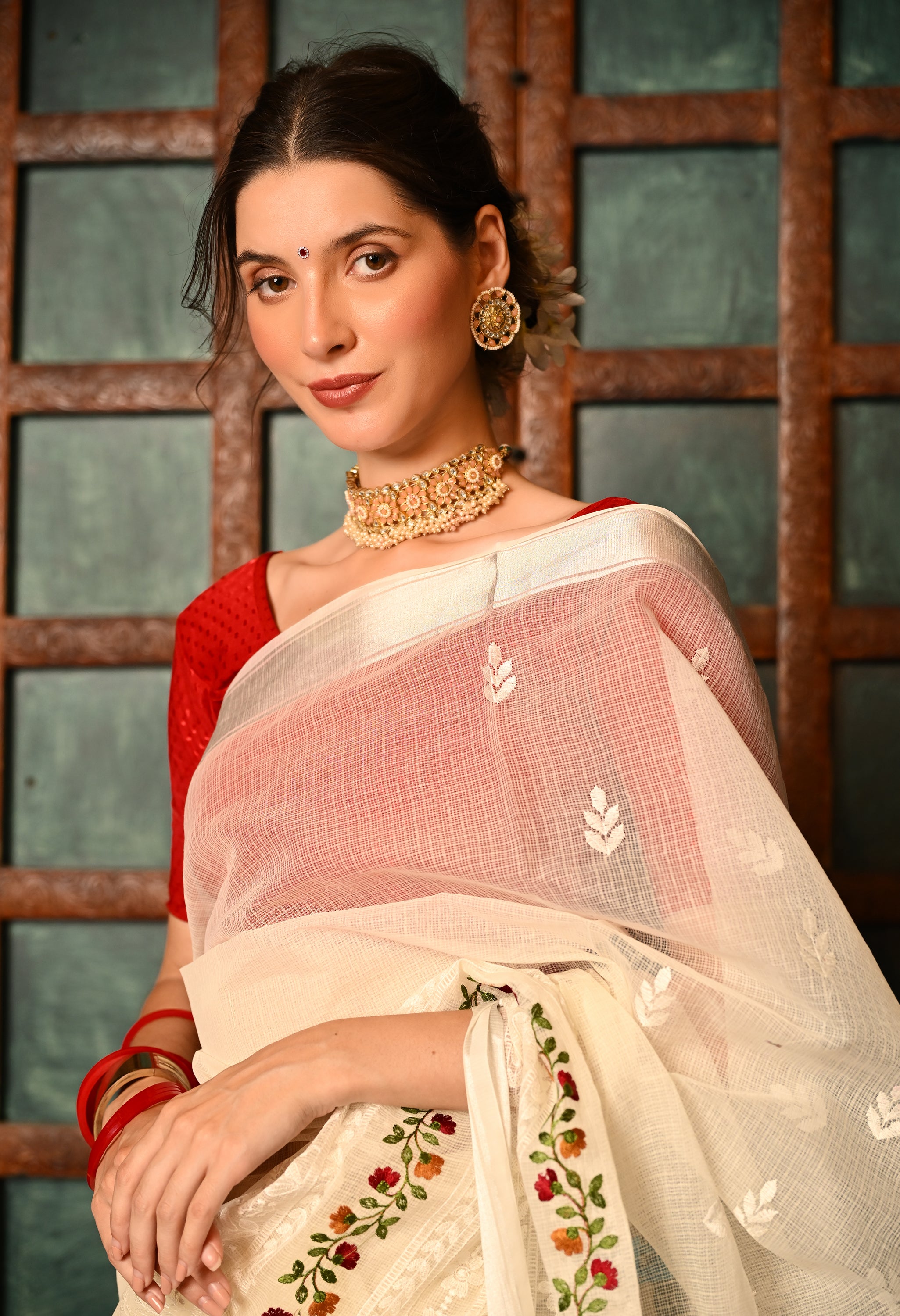 Pearl White Kota Doria Cotton Saree with Intricate Embroidery