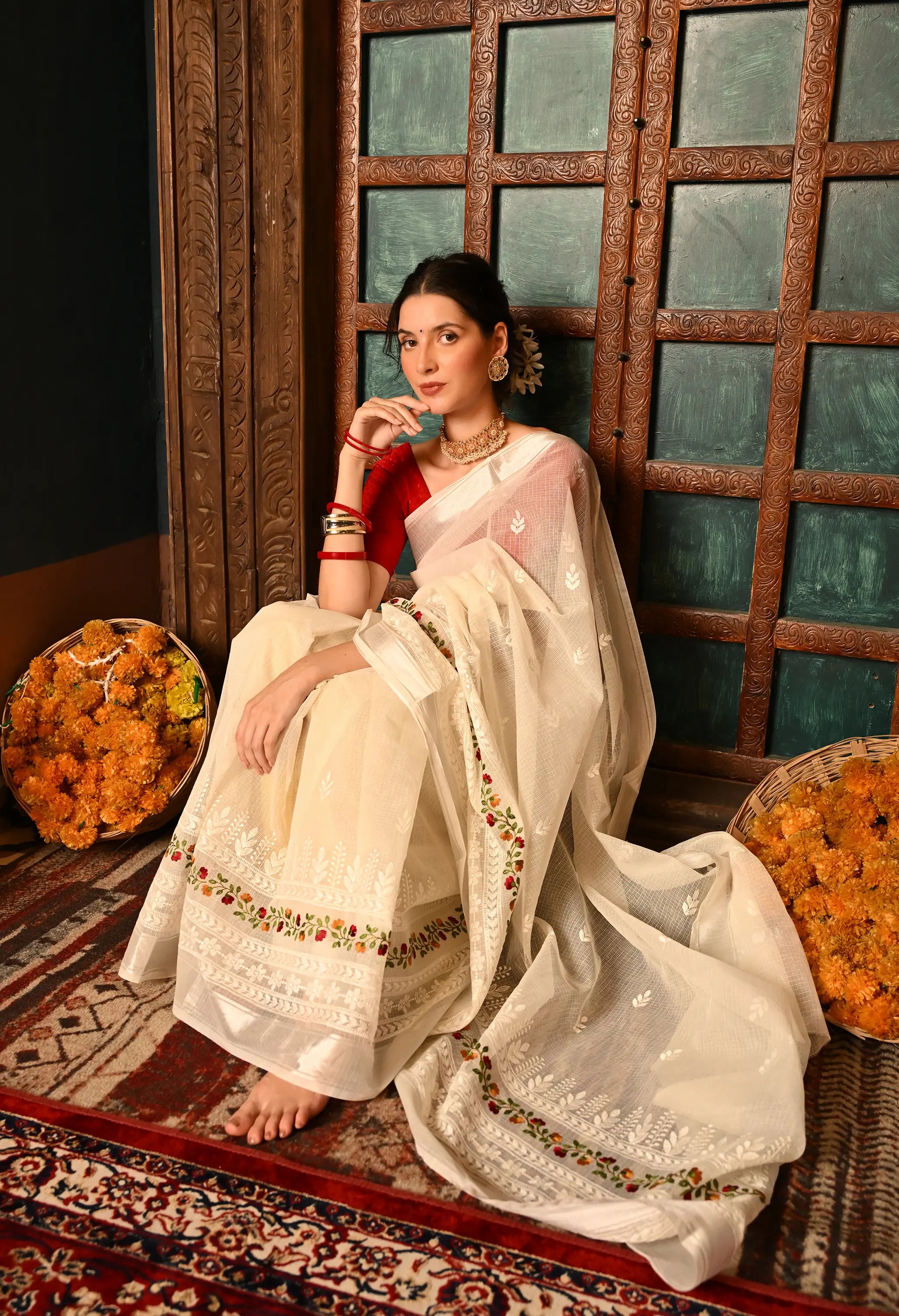 Pearl White Kota Doria Cotton Saree with Intricate Embroidery