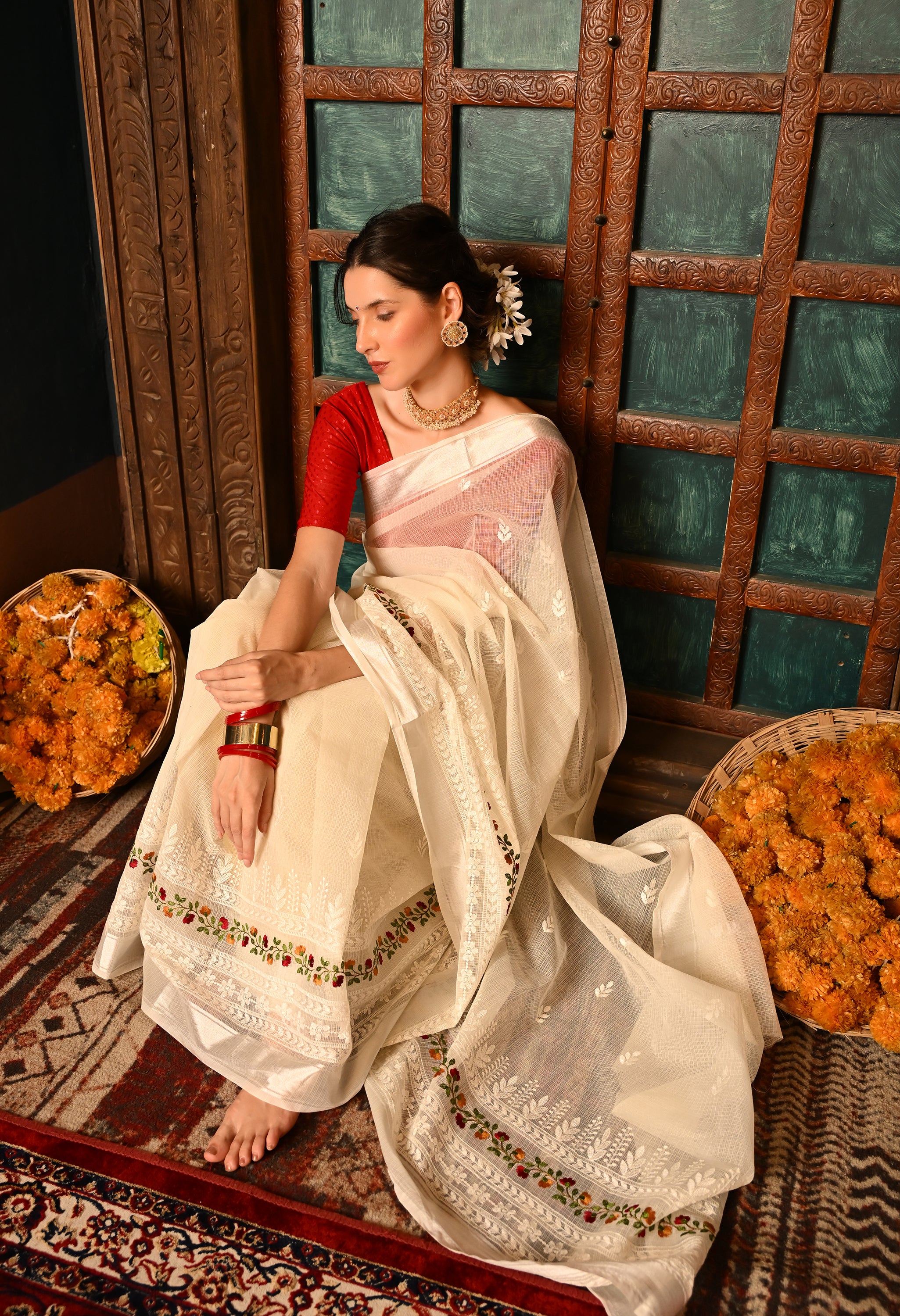 Pearl White Kota Doria Cotton Saree with Intricate Embroidery