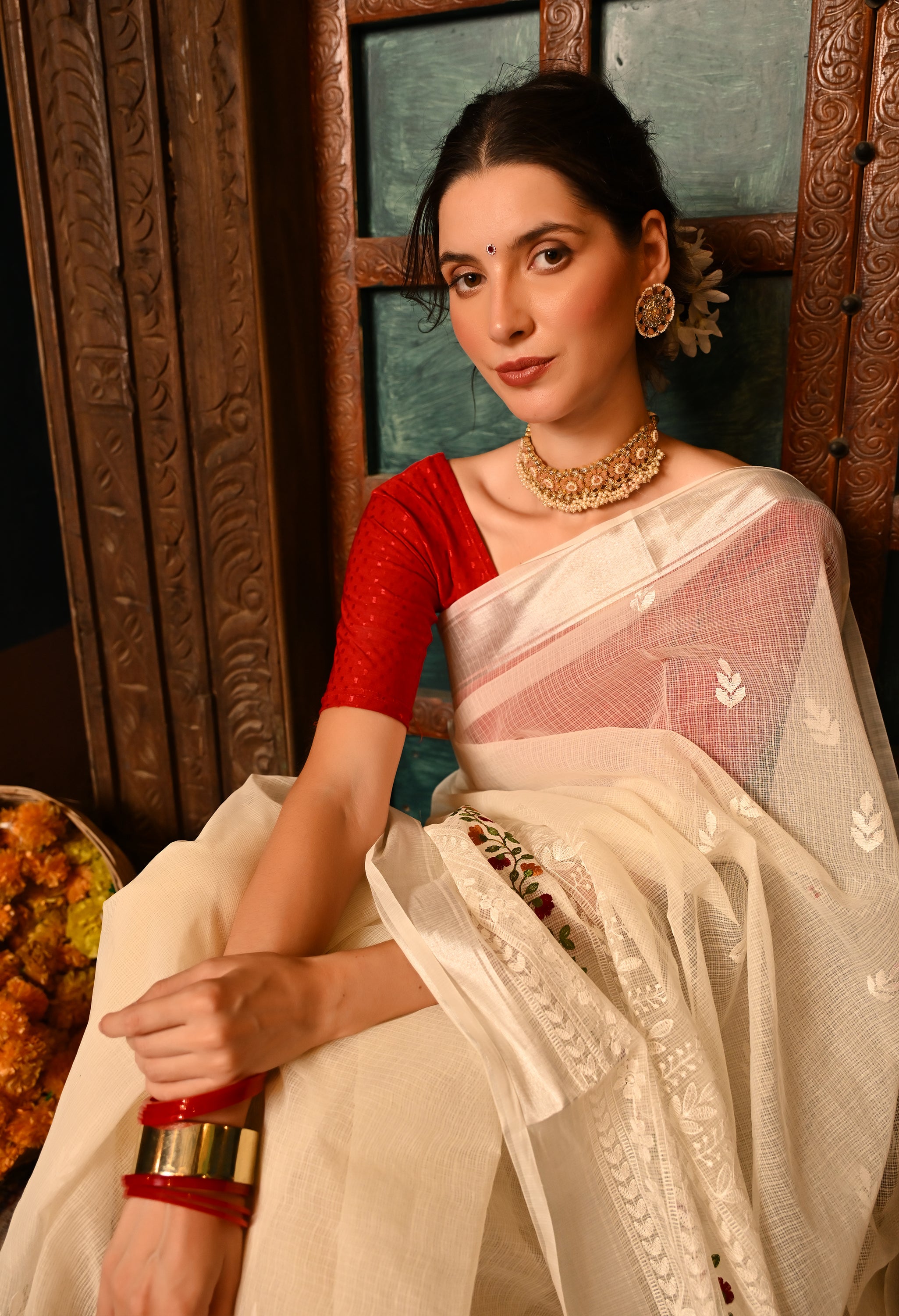 Pearl White Kota Doria Cotton Saree with Intricate Embroidery