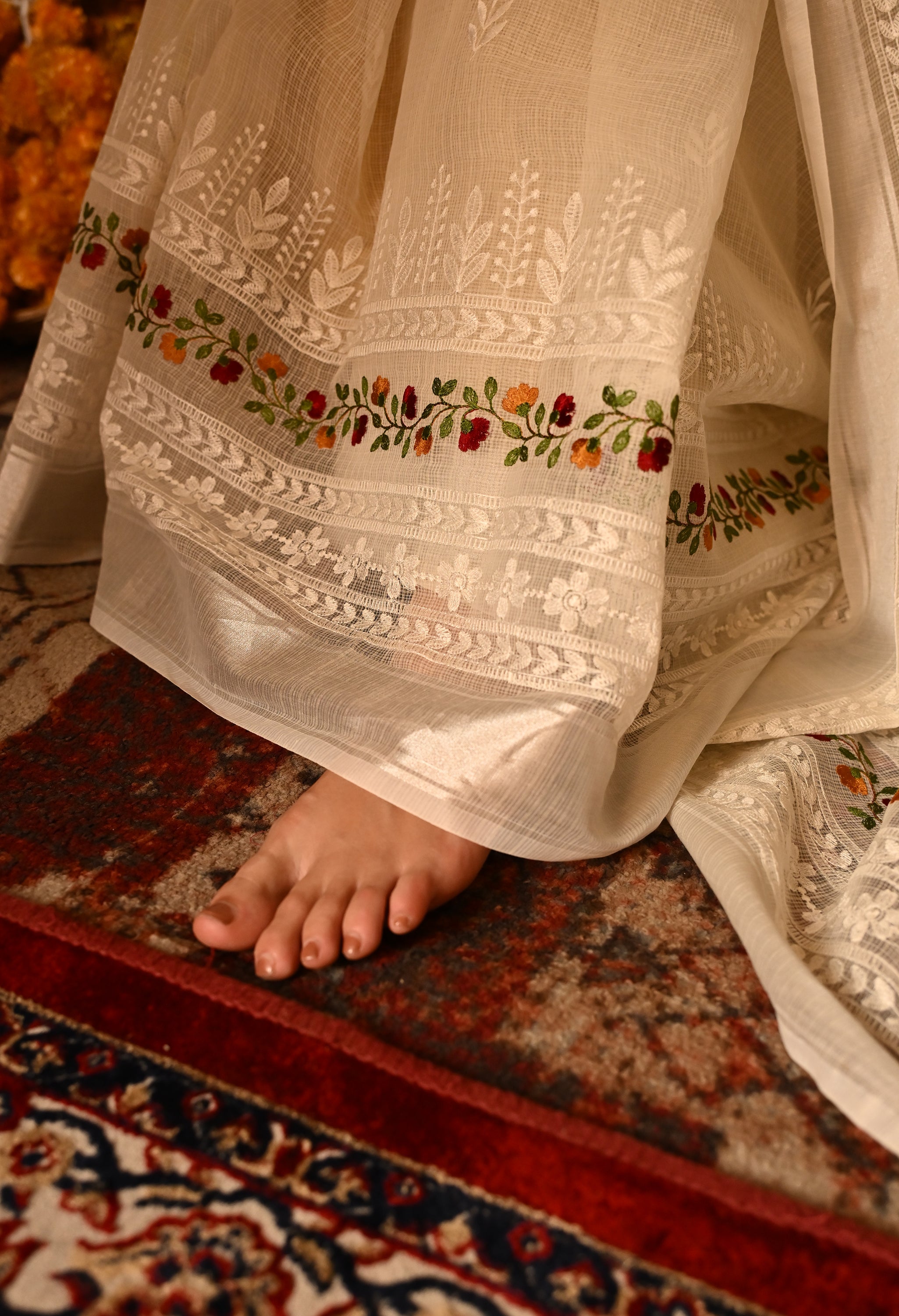 Pearl White Kota Doria Cotton Saree with Intricate Embroidery