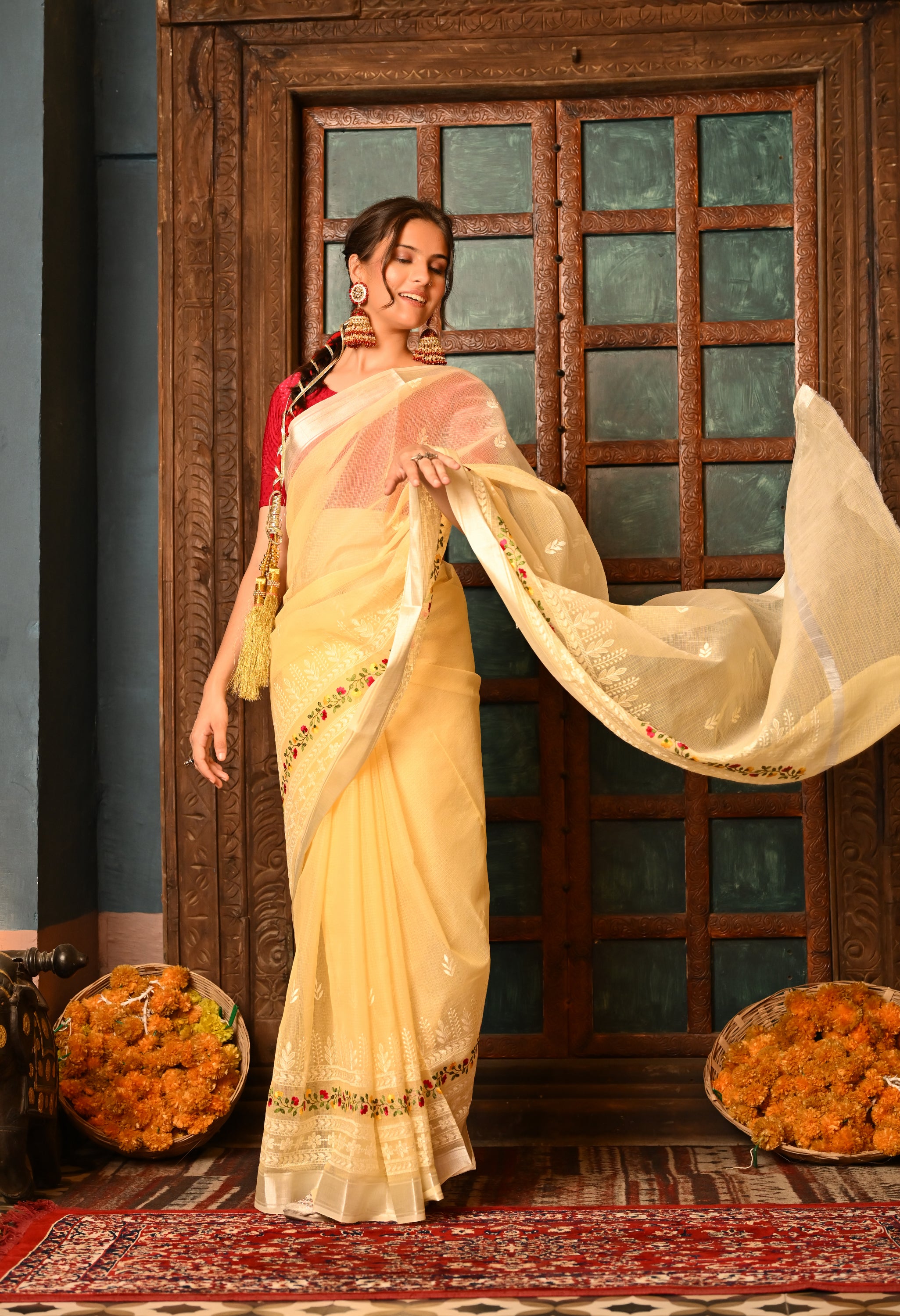 Pastel Yellow Kota Doria Cotton Saree with Intricate Embroidery