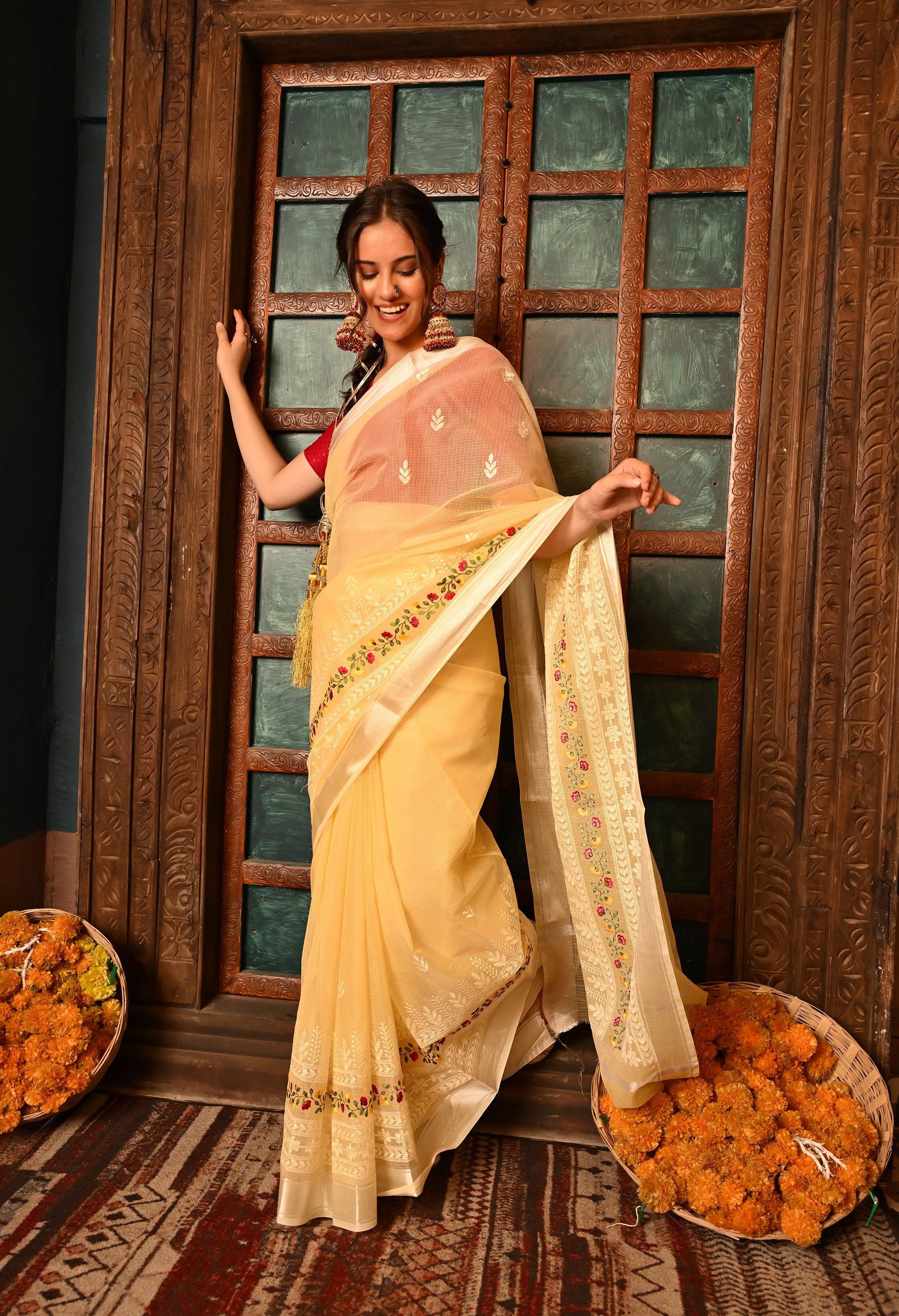 Pastel Yellow Kota Doria Cotton Saree with Intricate Embroidery