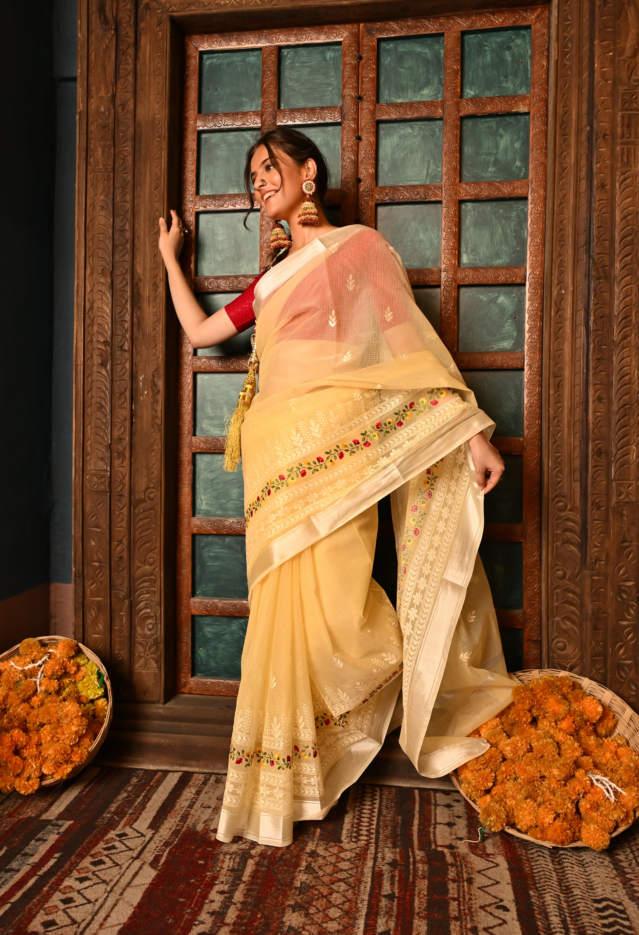 Pastel Yellow Kota Doria Cotton Saree with Intricate Embroidery