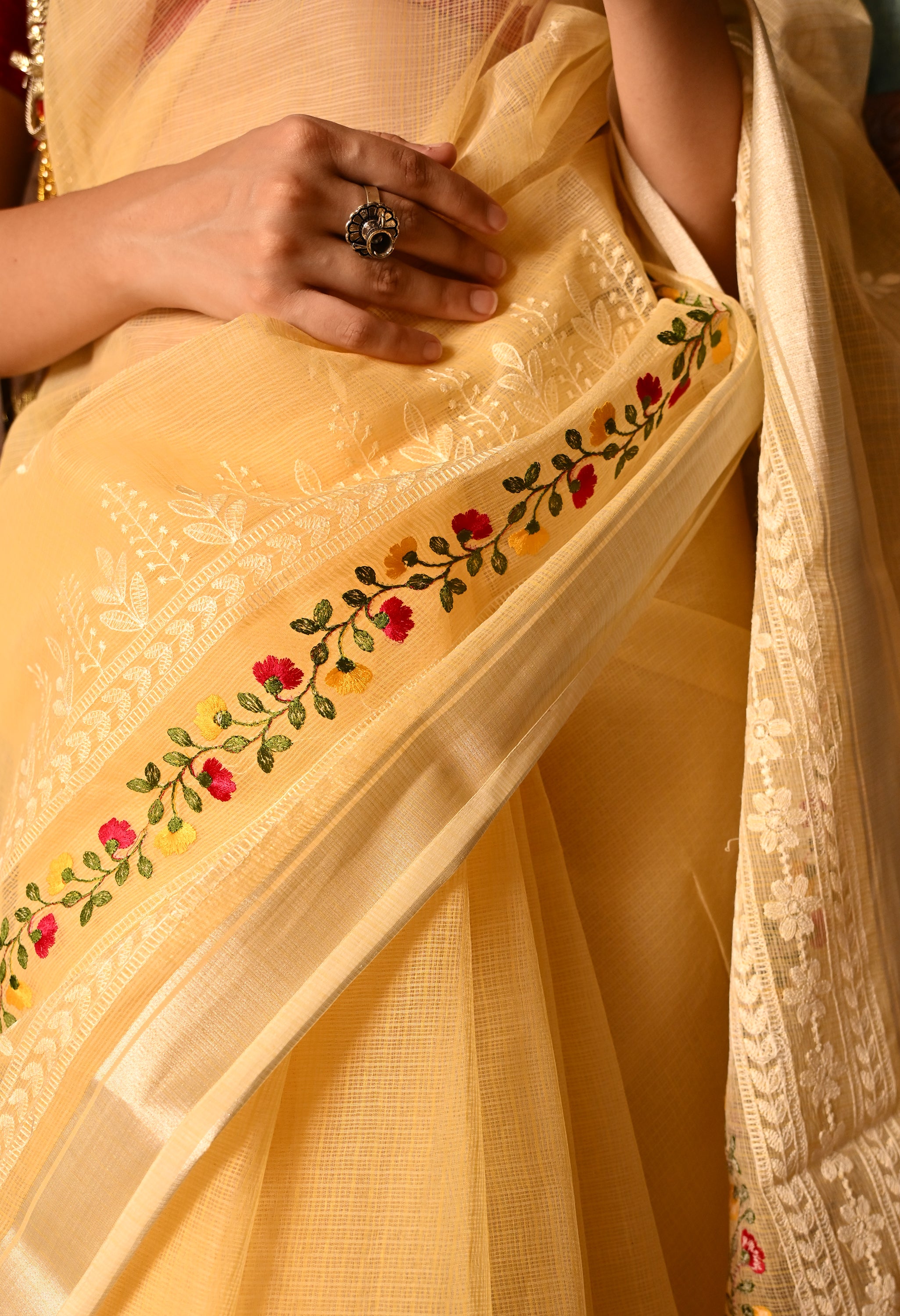 Pastel Yellow Kota Doria Cotton Saree with Intricate Embroidery