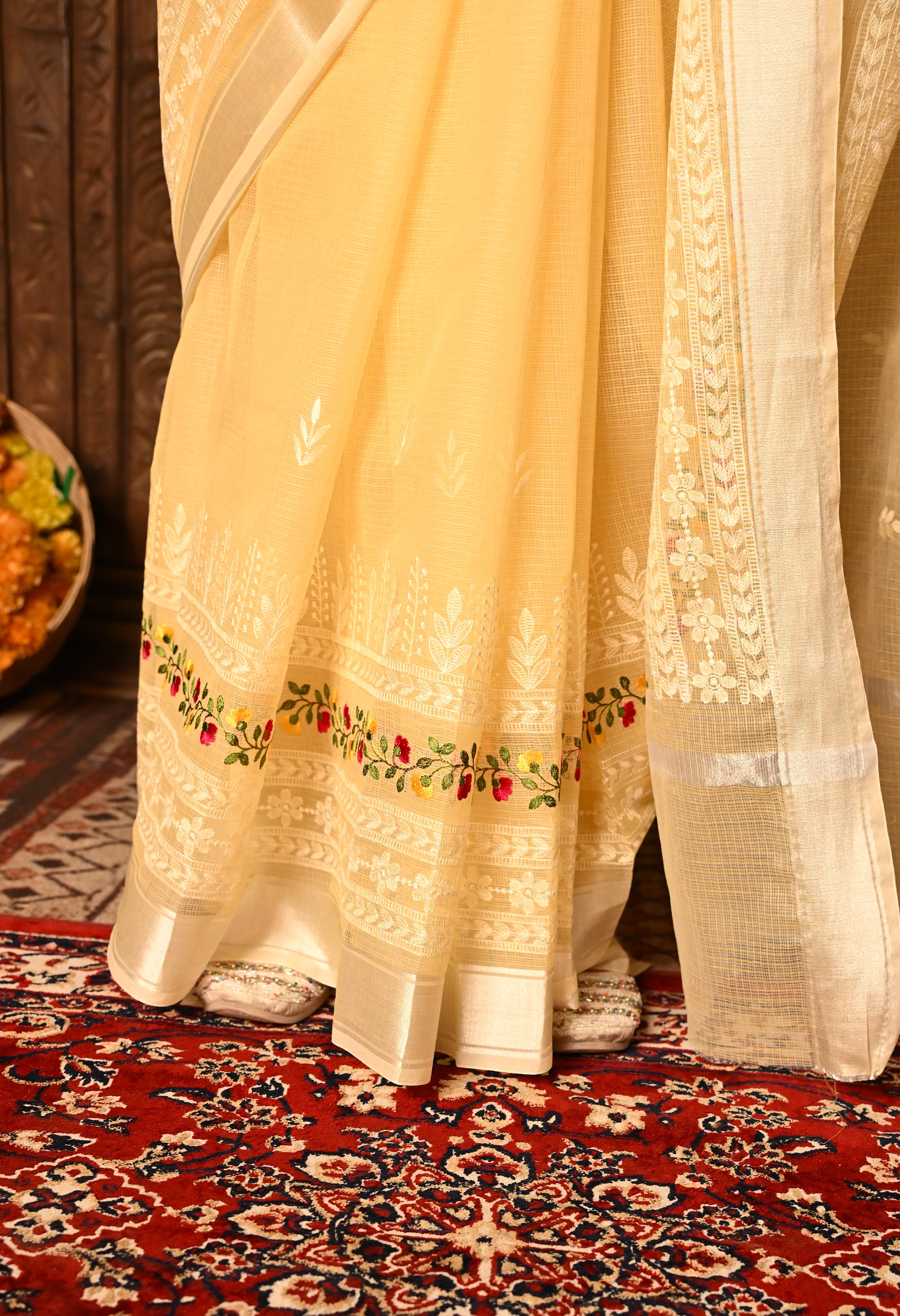 Pastel Yellow Kota Doria Cotton Saree with Intricate Embroidery