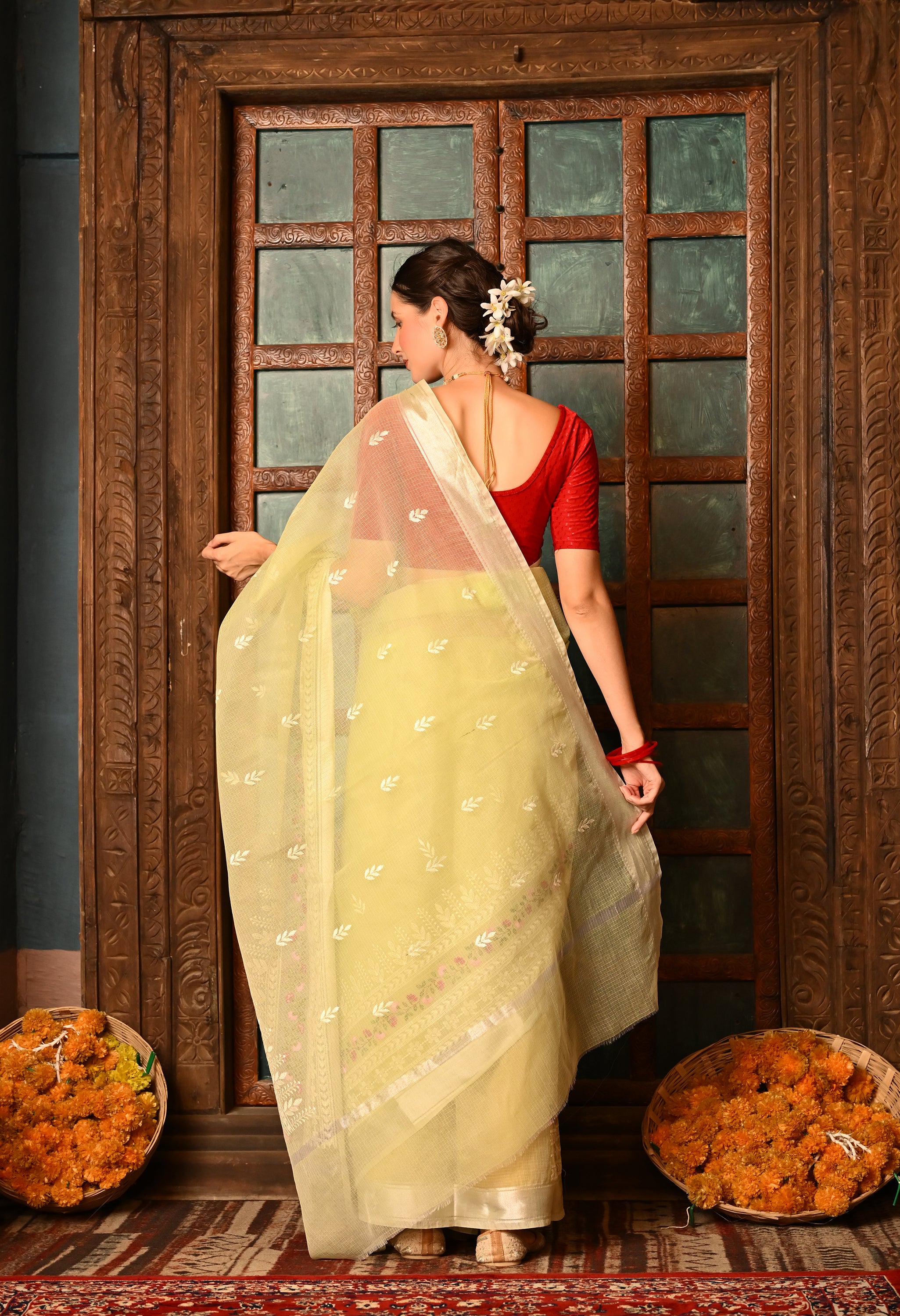 Pastel Green Kota Doria Cotton Saree with Delicate Embroidery