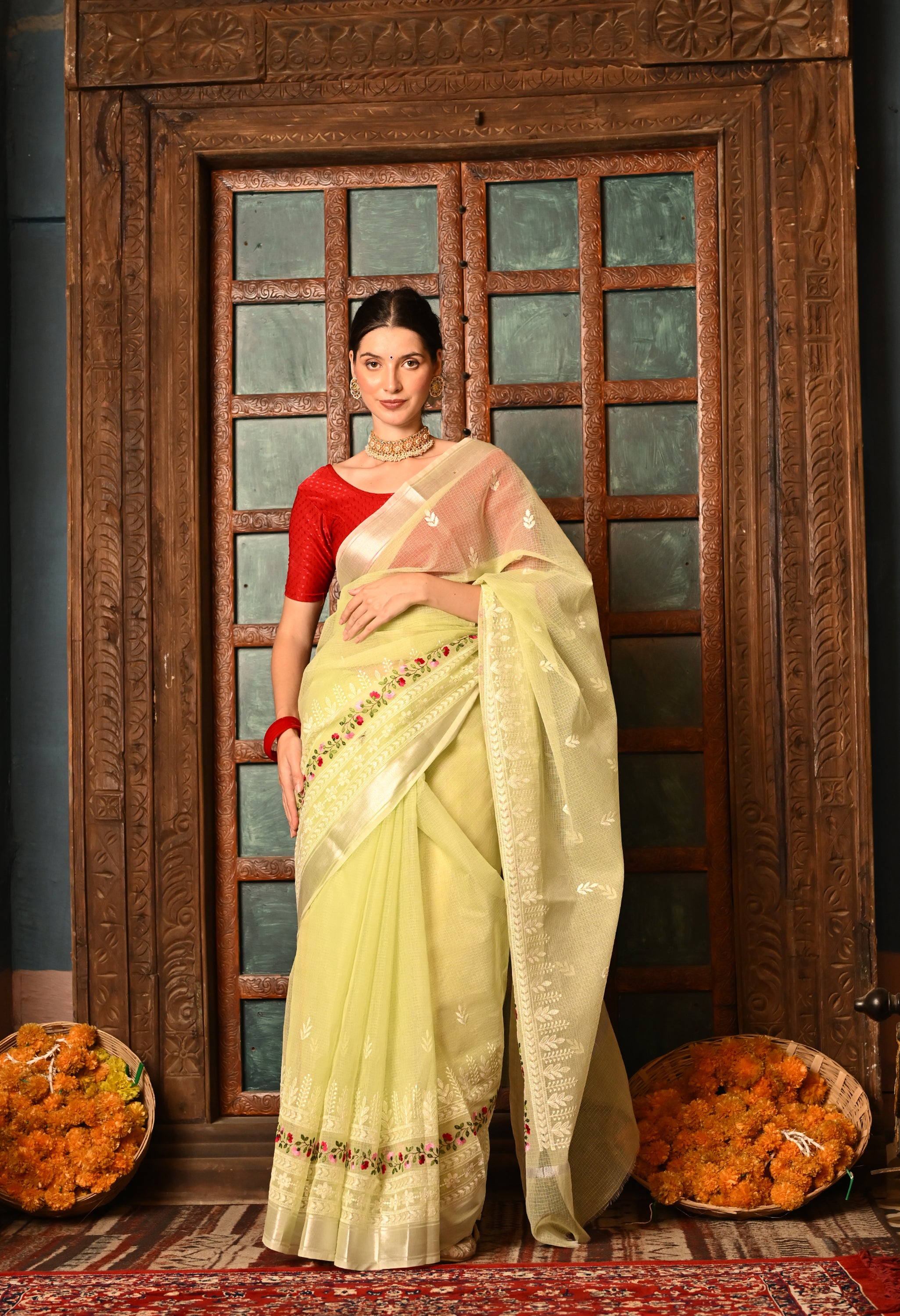 Pastel Green Kota Doria Cotton Saree with Delicate Embroidery