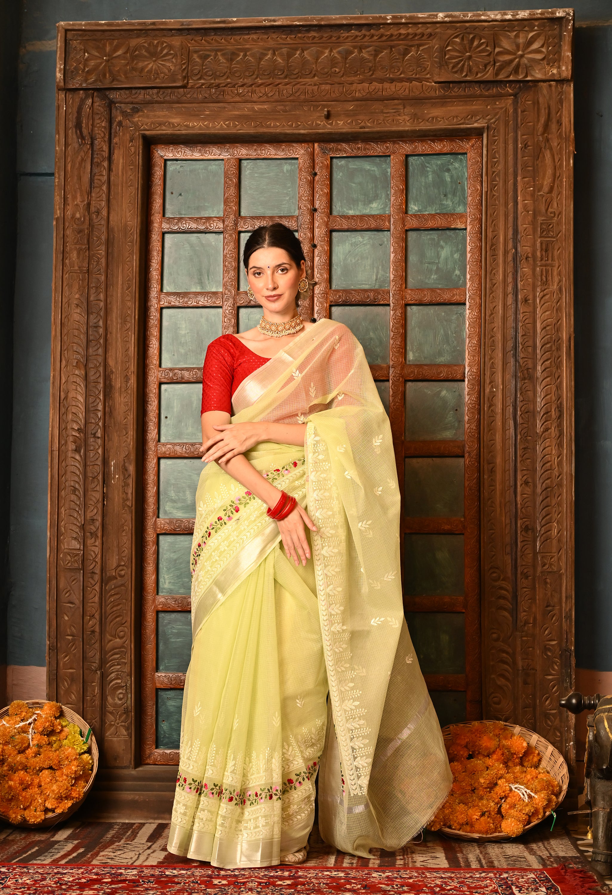 Pastel Green Kota Doria Cotton Saree with Delicate Embroidery