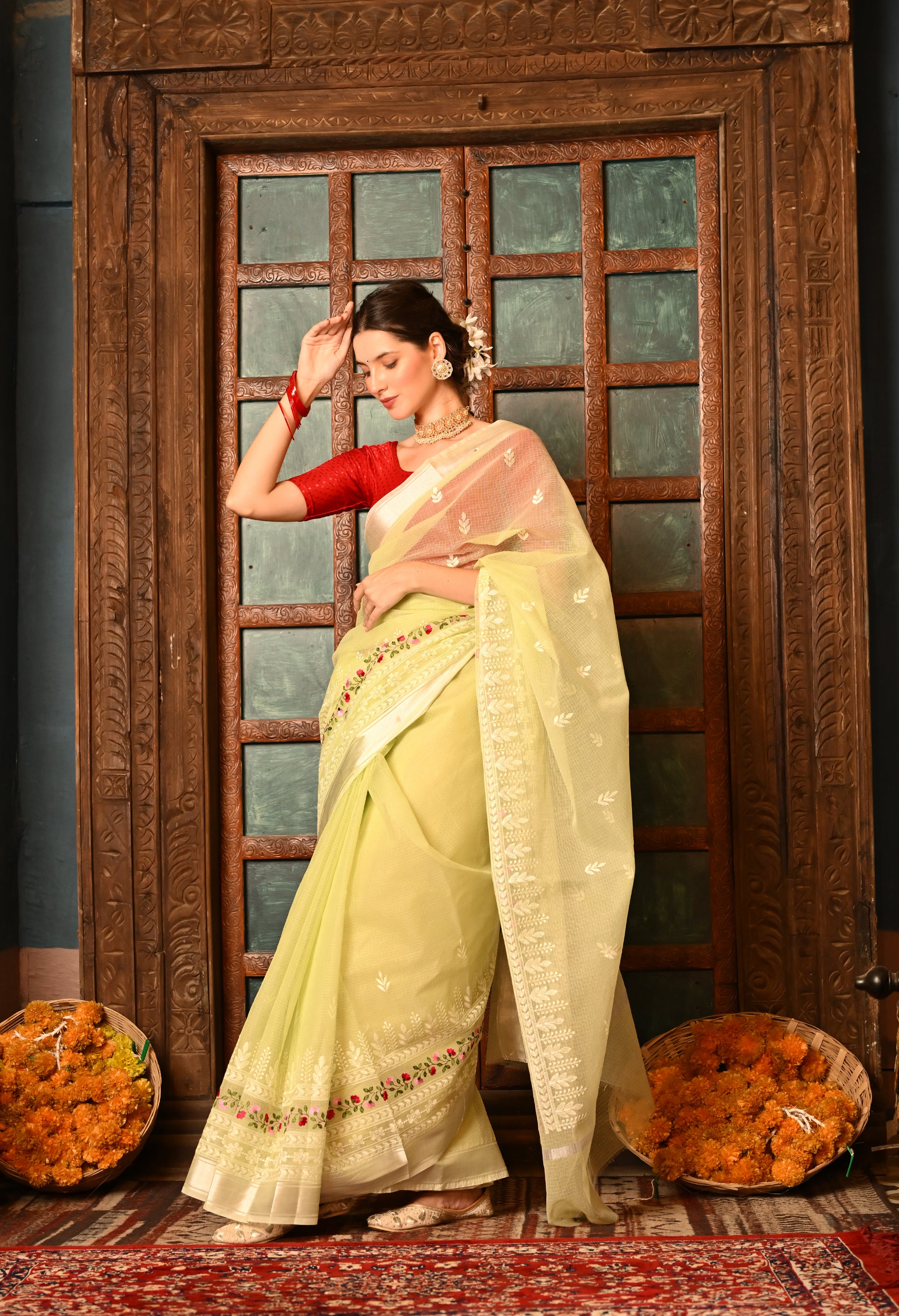 Pastel Green Kota Doria Cotton Saree with Delicate Embroidery