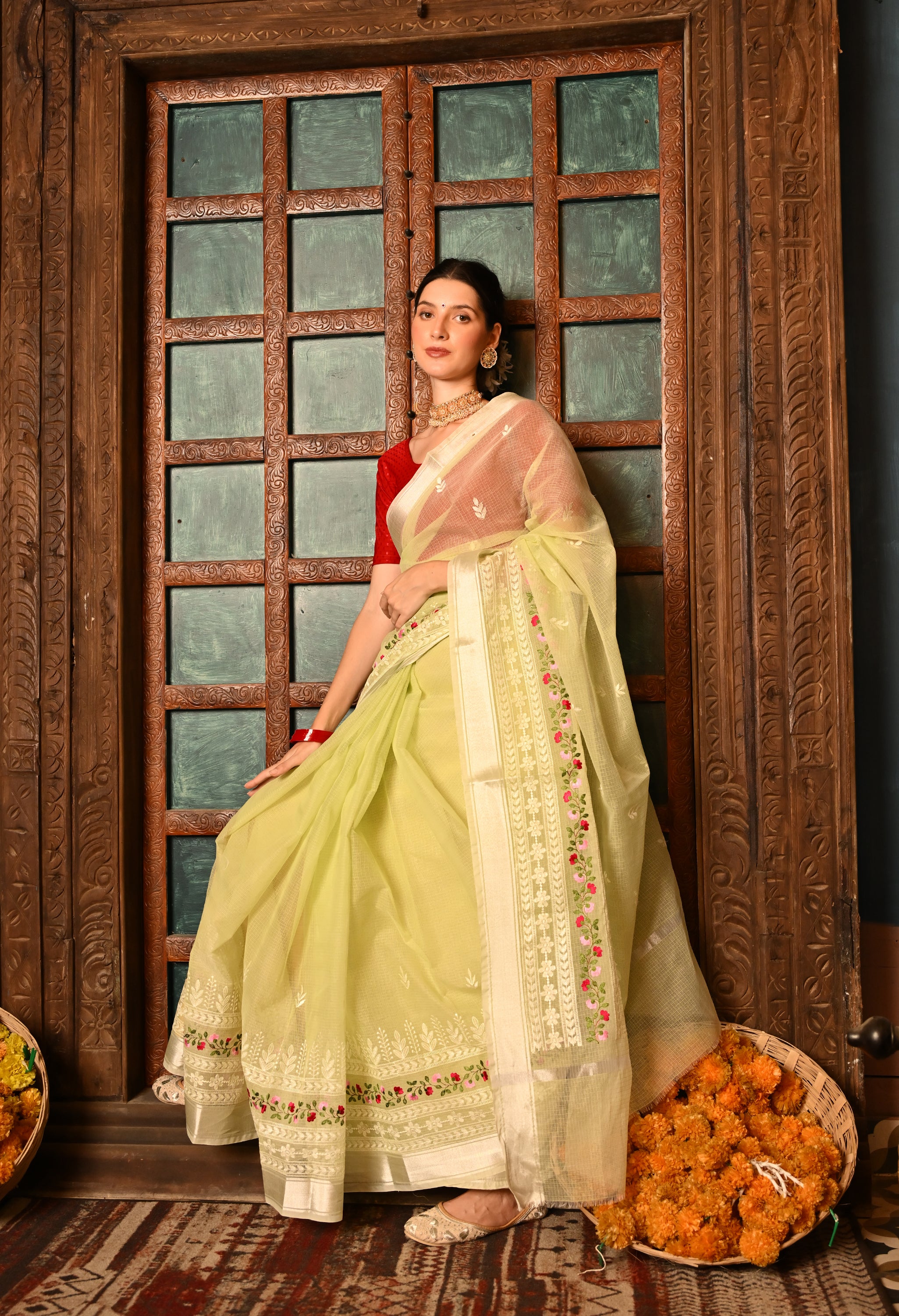 Pastel Green Kota Doria Cotton Saree with Delicate Embroidery