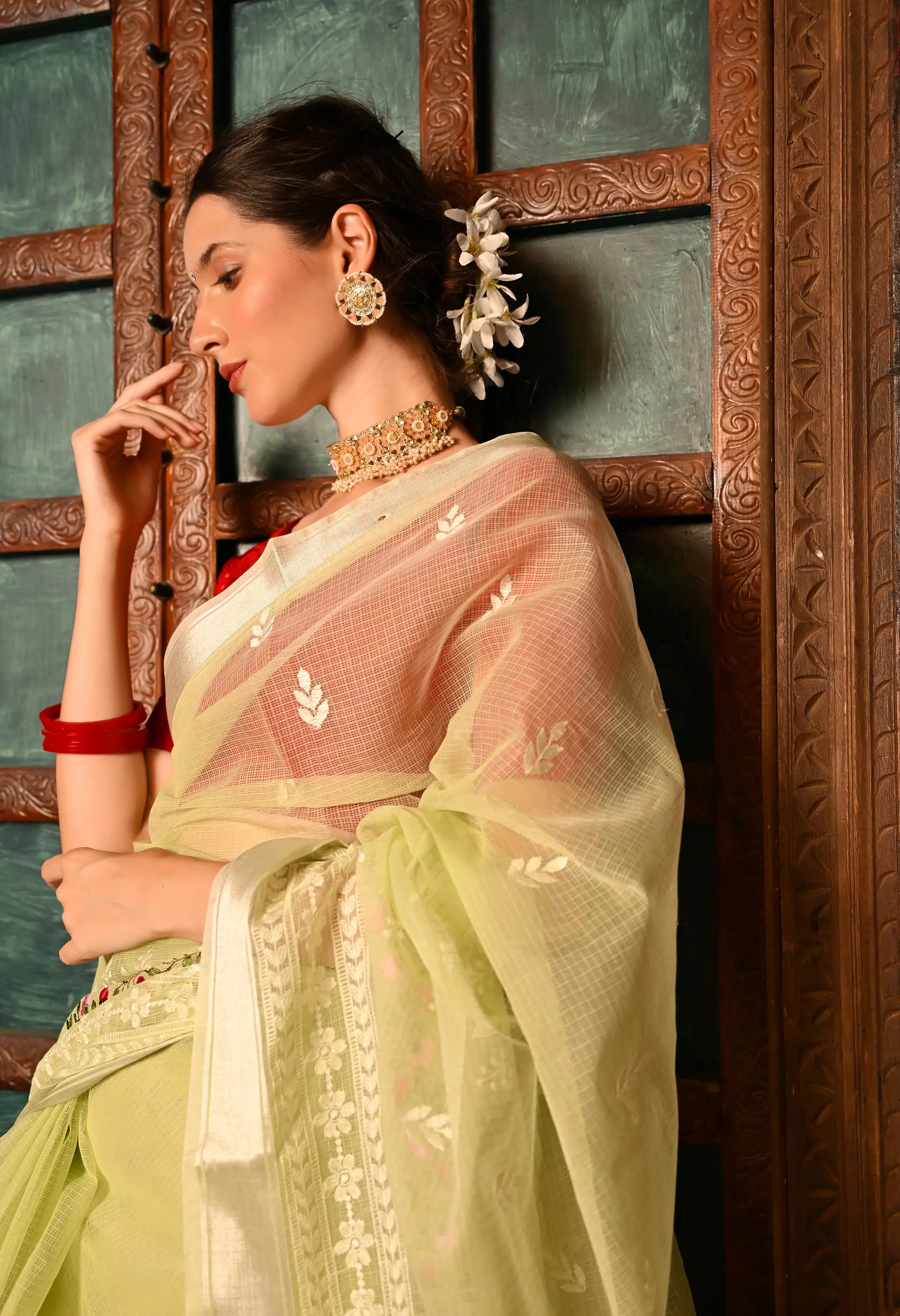 Pastel Green Cotton with Dazzling Embroidery