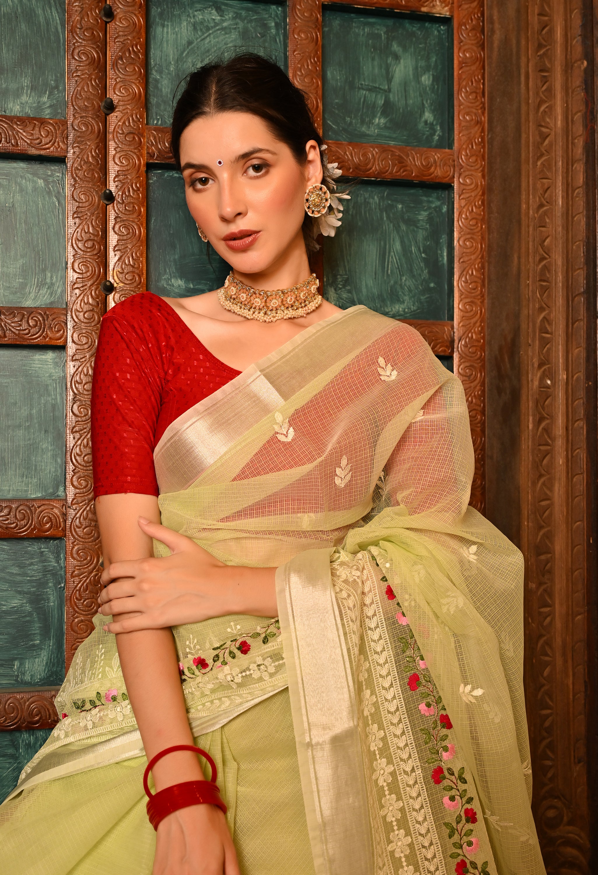 Pastel Green Kota Doria Cotton Saree with Delicate Embroidery