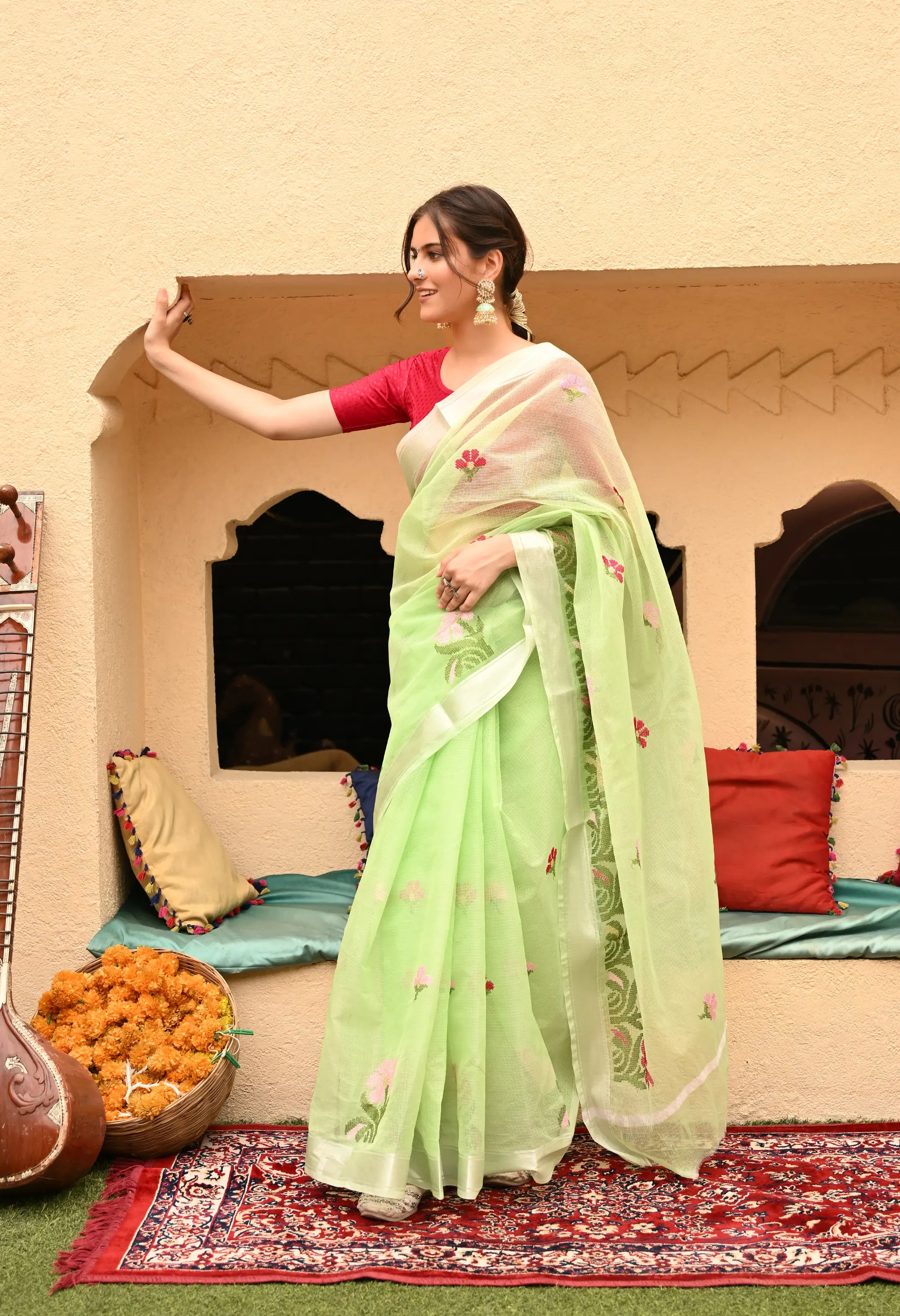 Mint Green Kota Doria Cotton Saree with Floral Embroidery