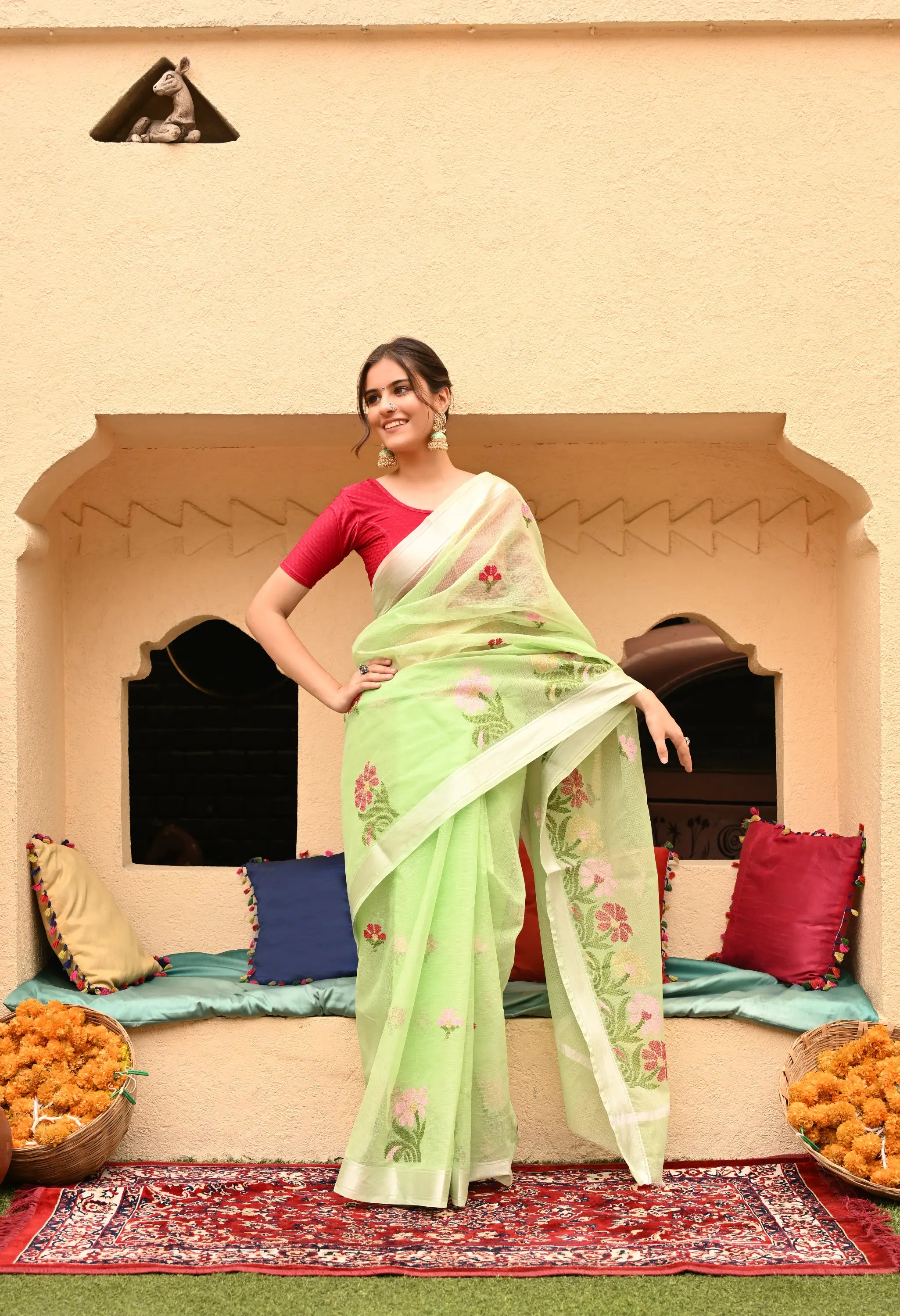 Mint Green Kota Doria Cotton Saree with Floral Embroidery