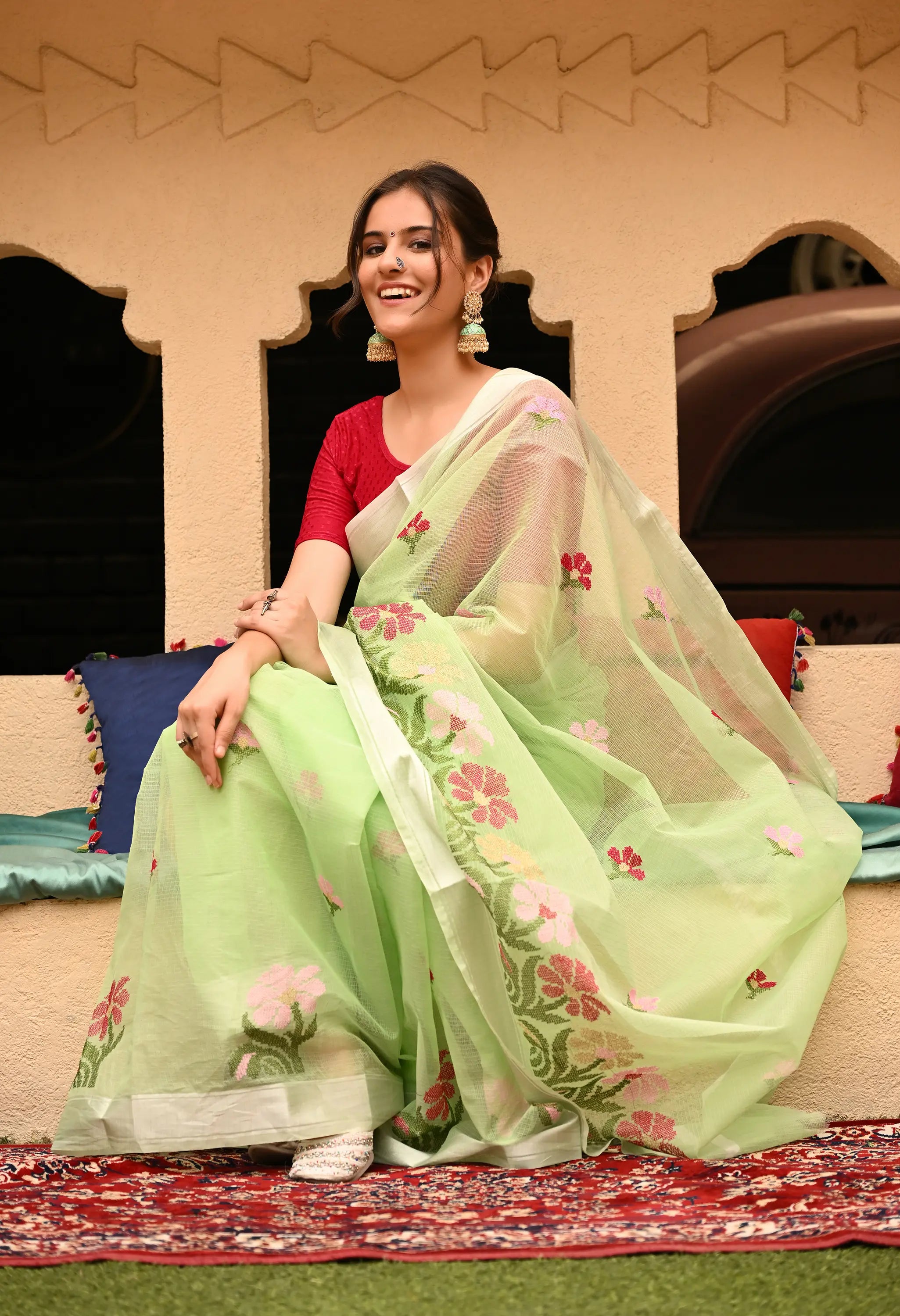 Mint Green Kota Doria Cotton Saree with Floral Embroidery