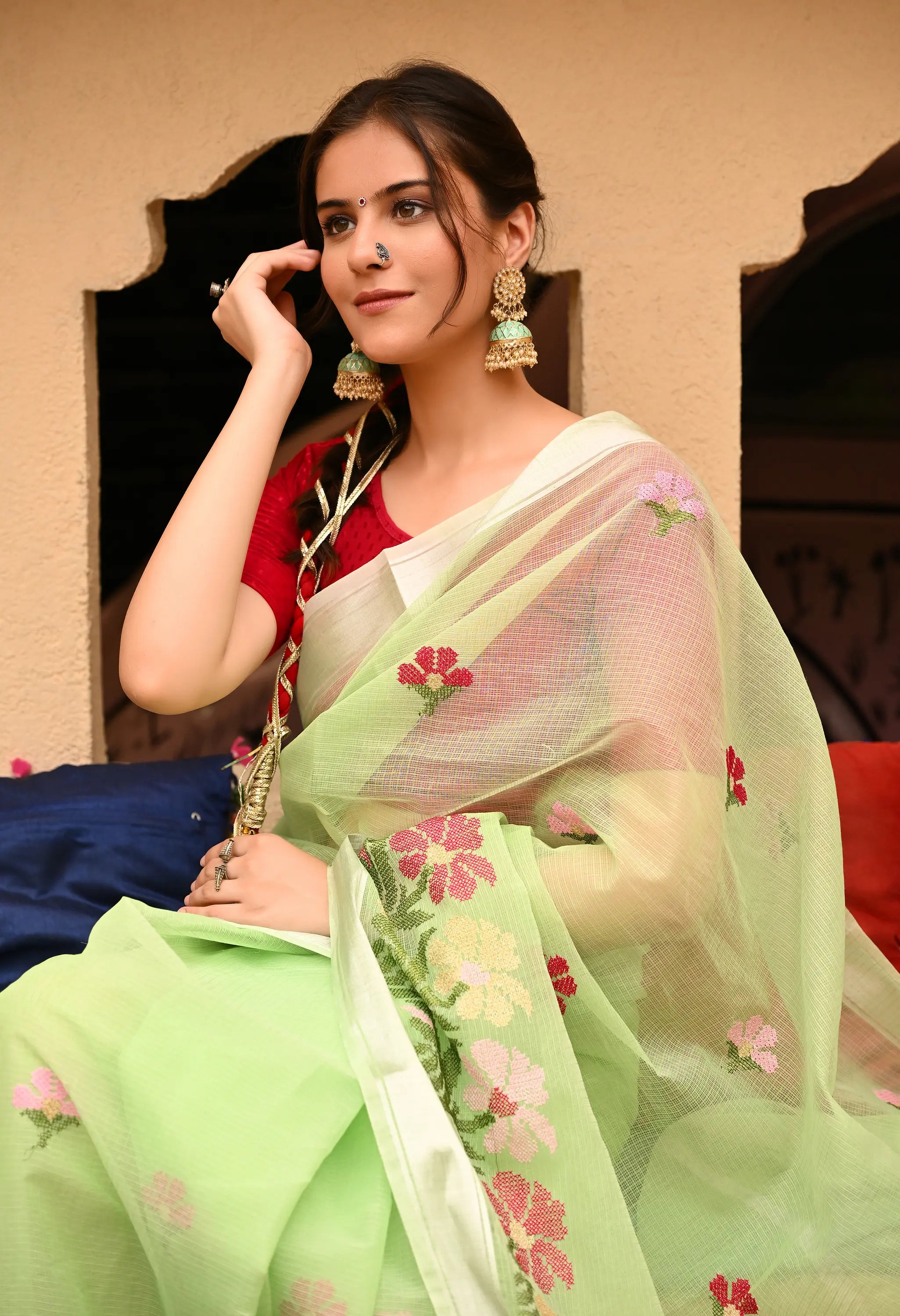 Mint Green Kota Doria Cotton Saree with Floral Embroidery