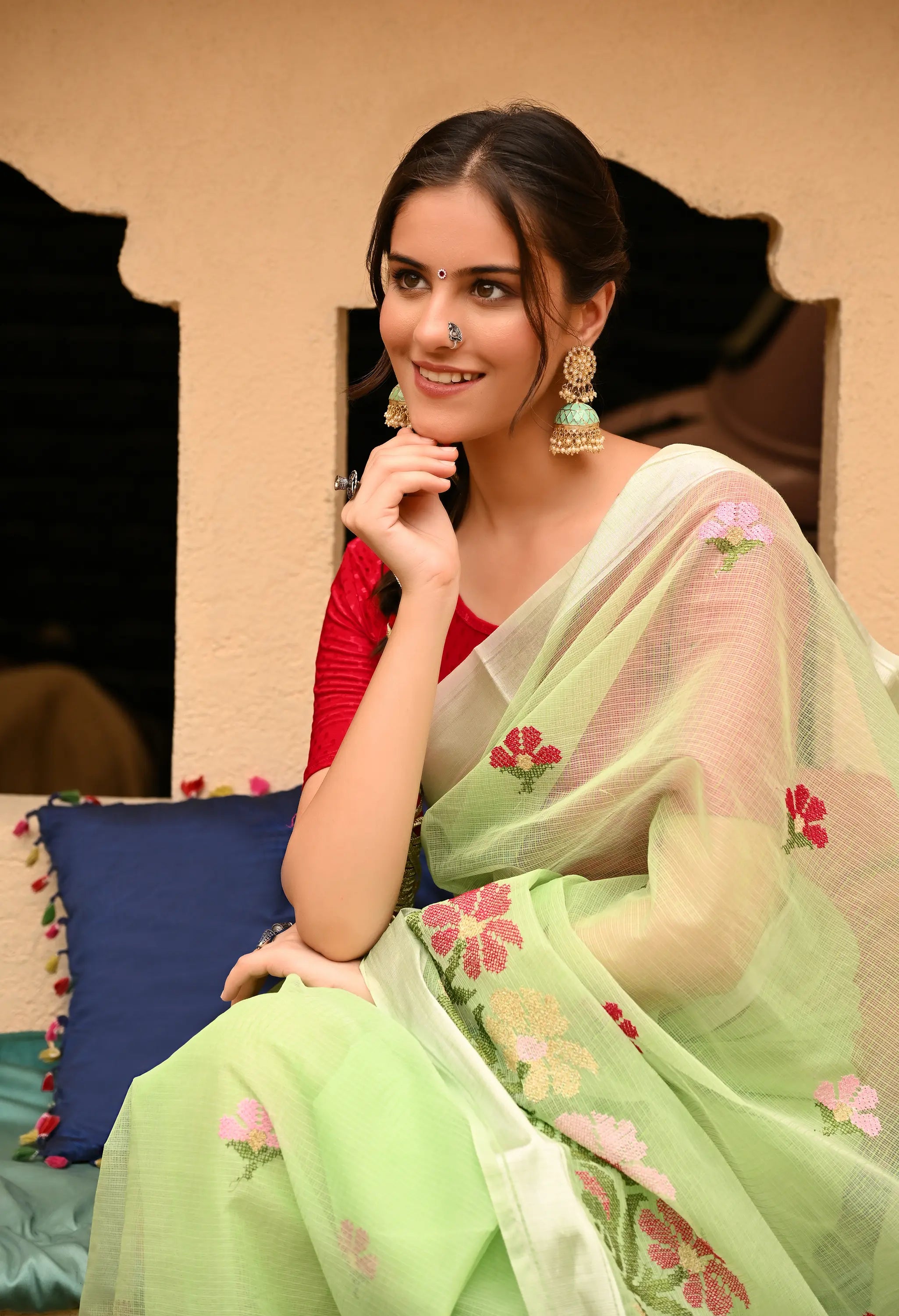 Mint Green Kota Doria Cotton Saree with Floral Embroidery