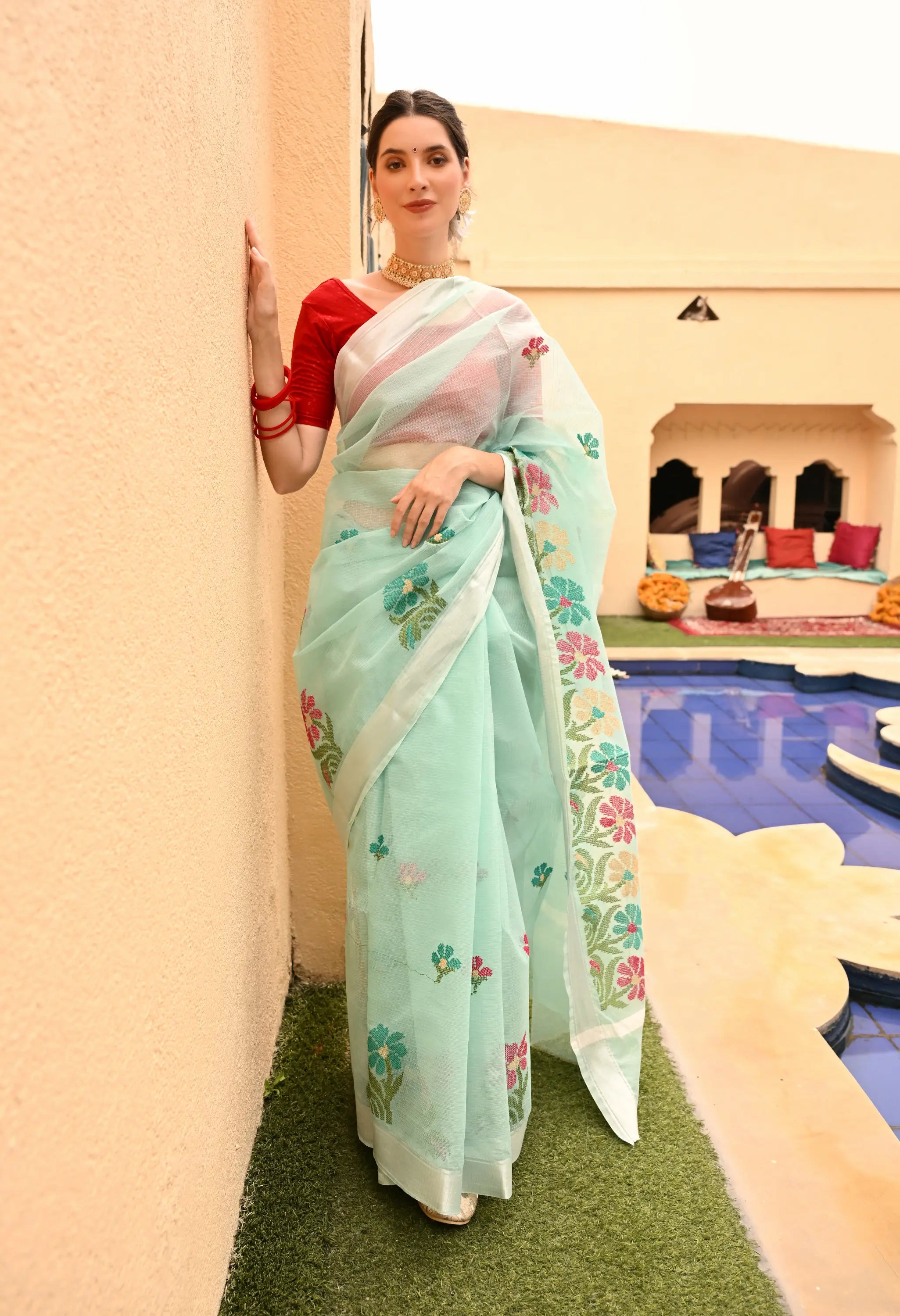 Ice Blue Cotton Saree with Elegant Floral Embroidery