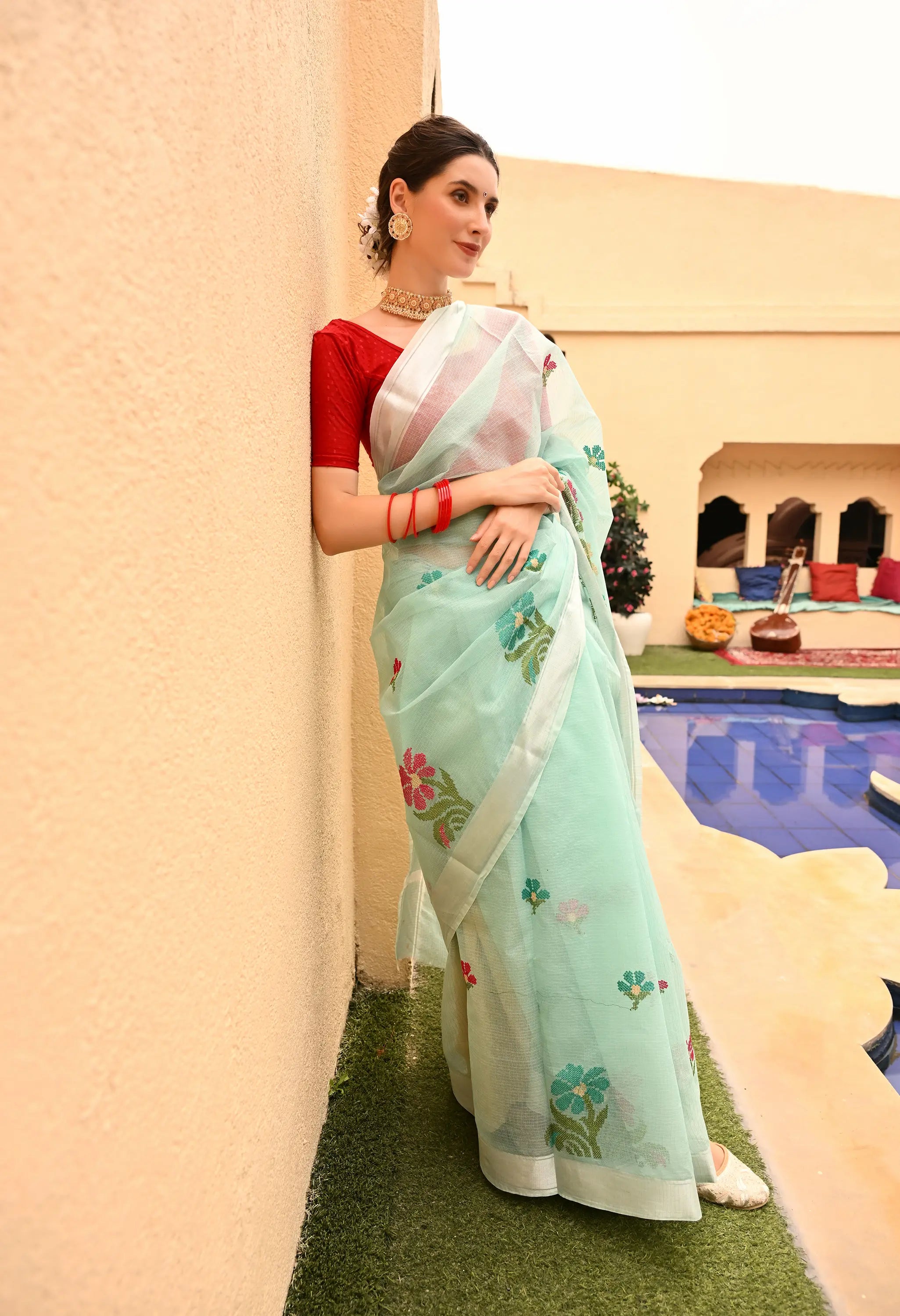 Ice Blue Cotton Saree with Elegant Floral Embroidery