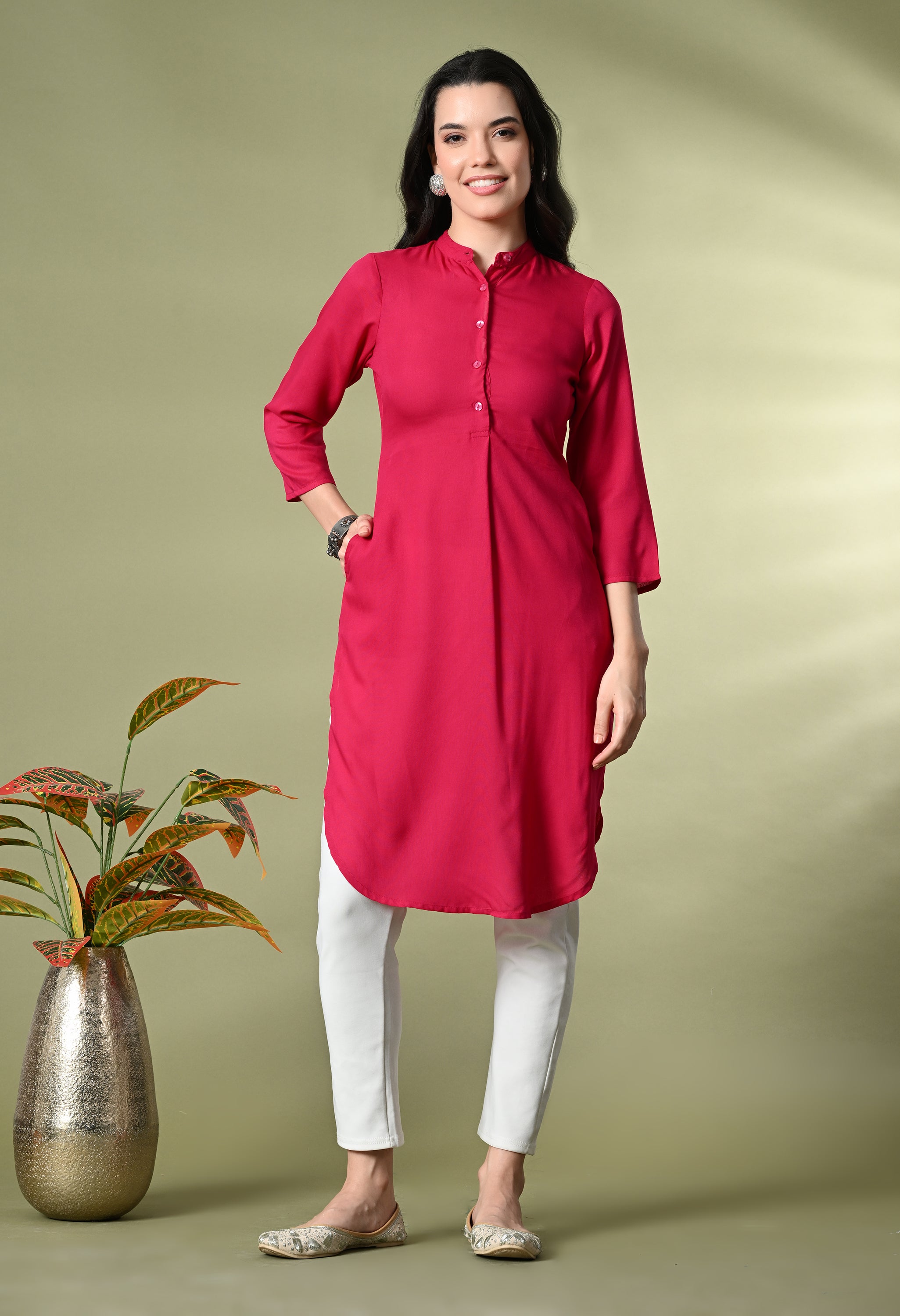 Fuschia Pink Rayon Fitted Kurtis (with Pocket)