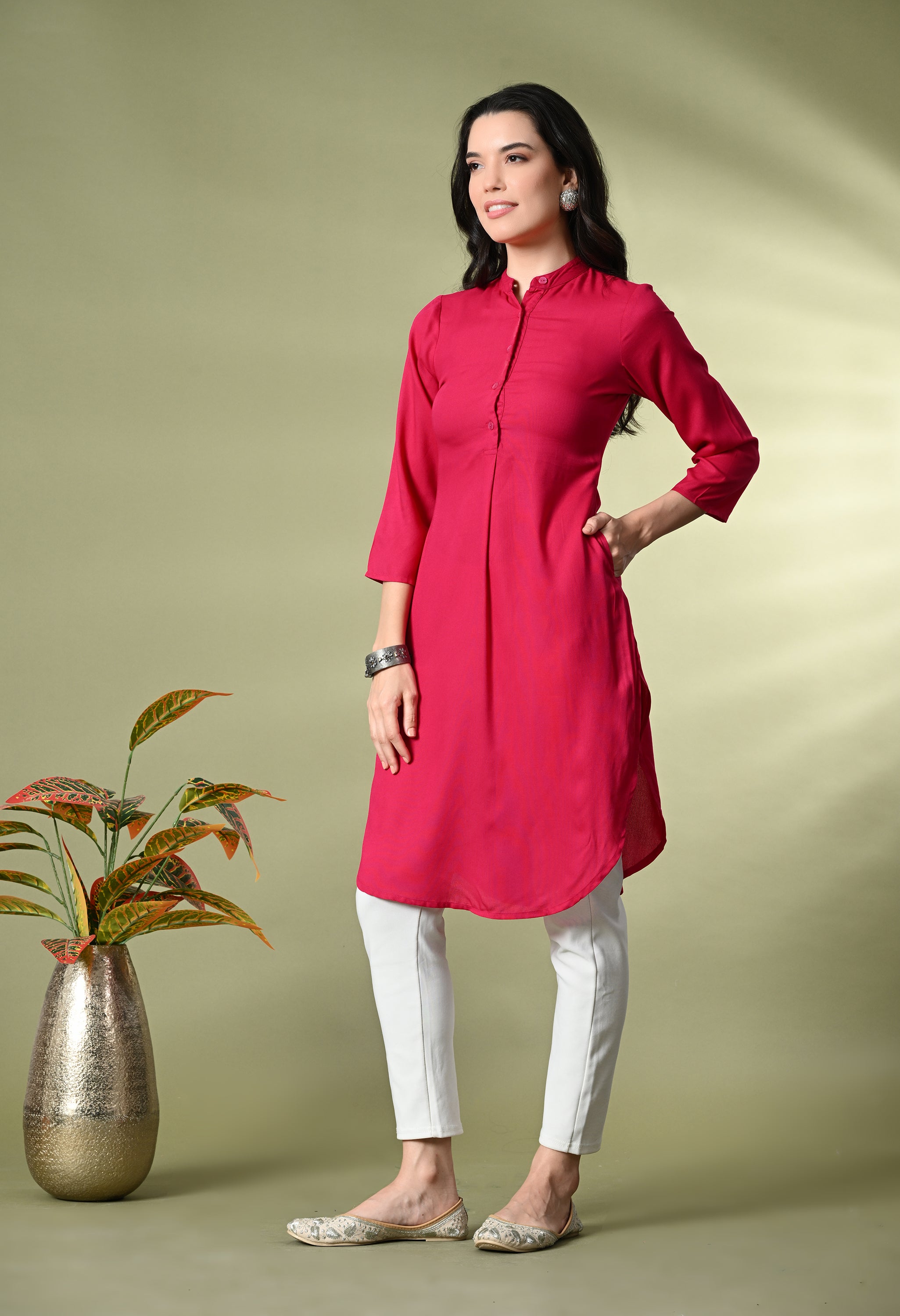 Fuschia Pink Rayon Fitted Kurtis (with Pocket)