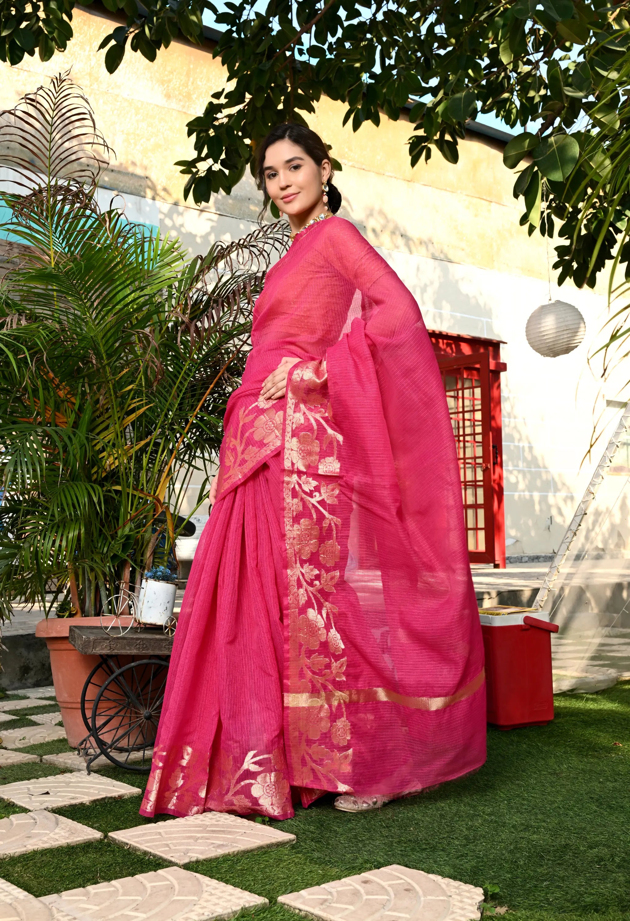 Fuschia Pink Cotton with Gold Zari Border