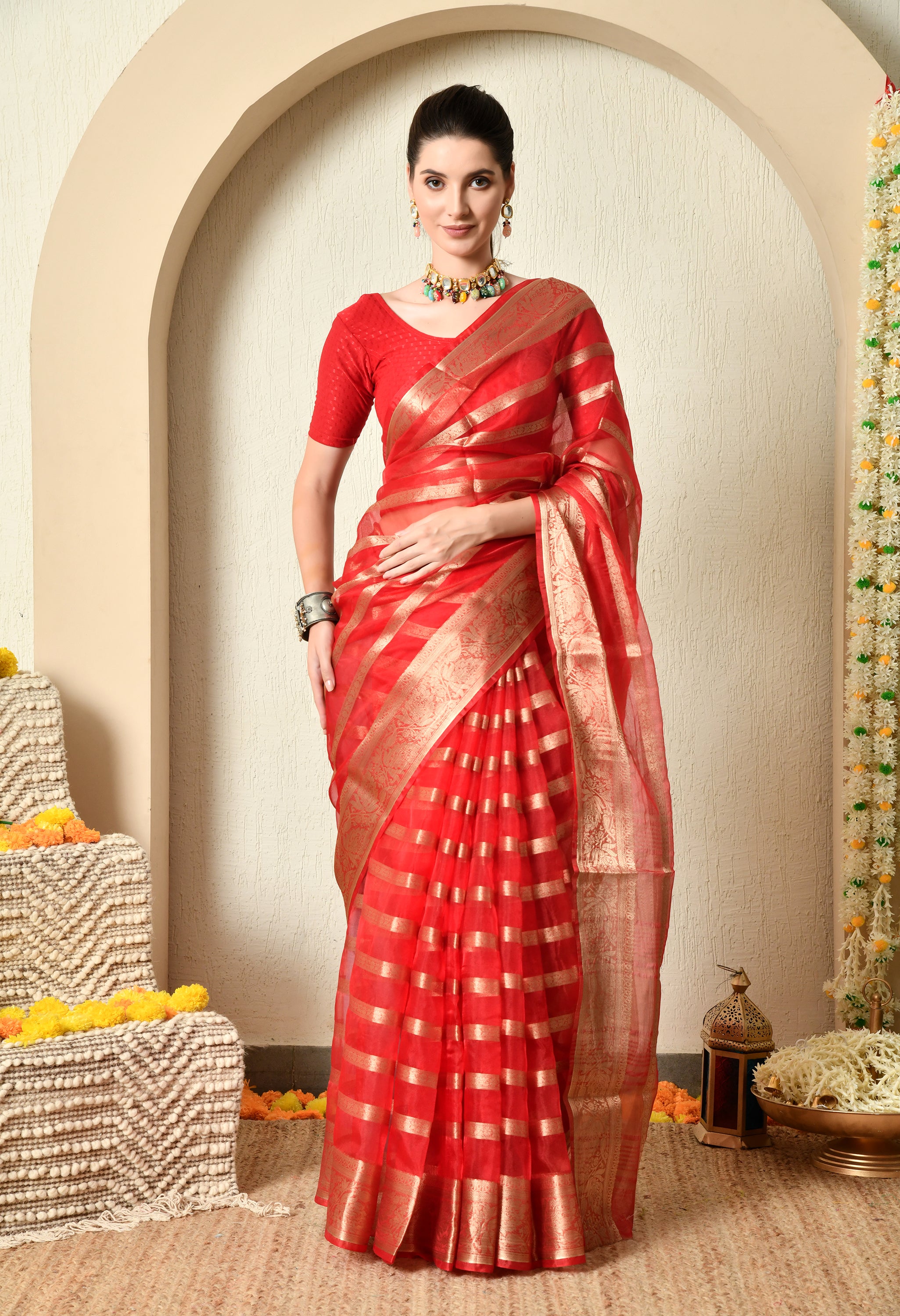 Red and Gold Organza Saree