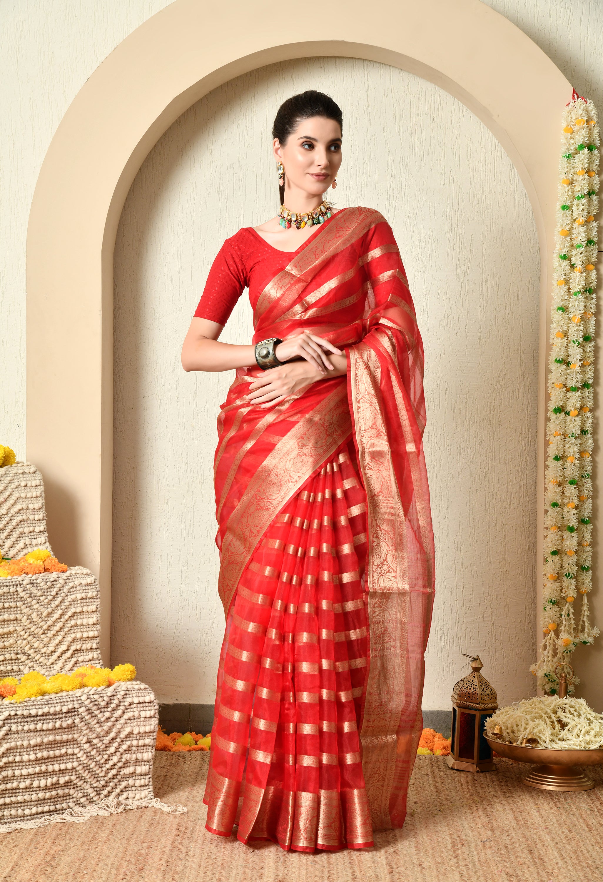 Red and Gold Organza Saree