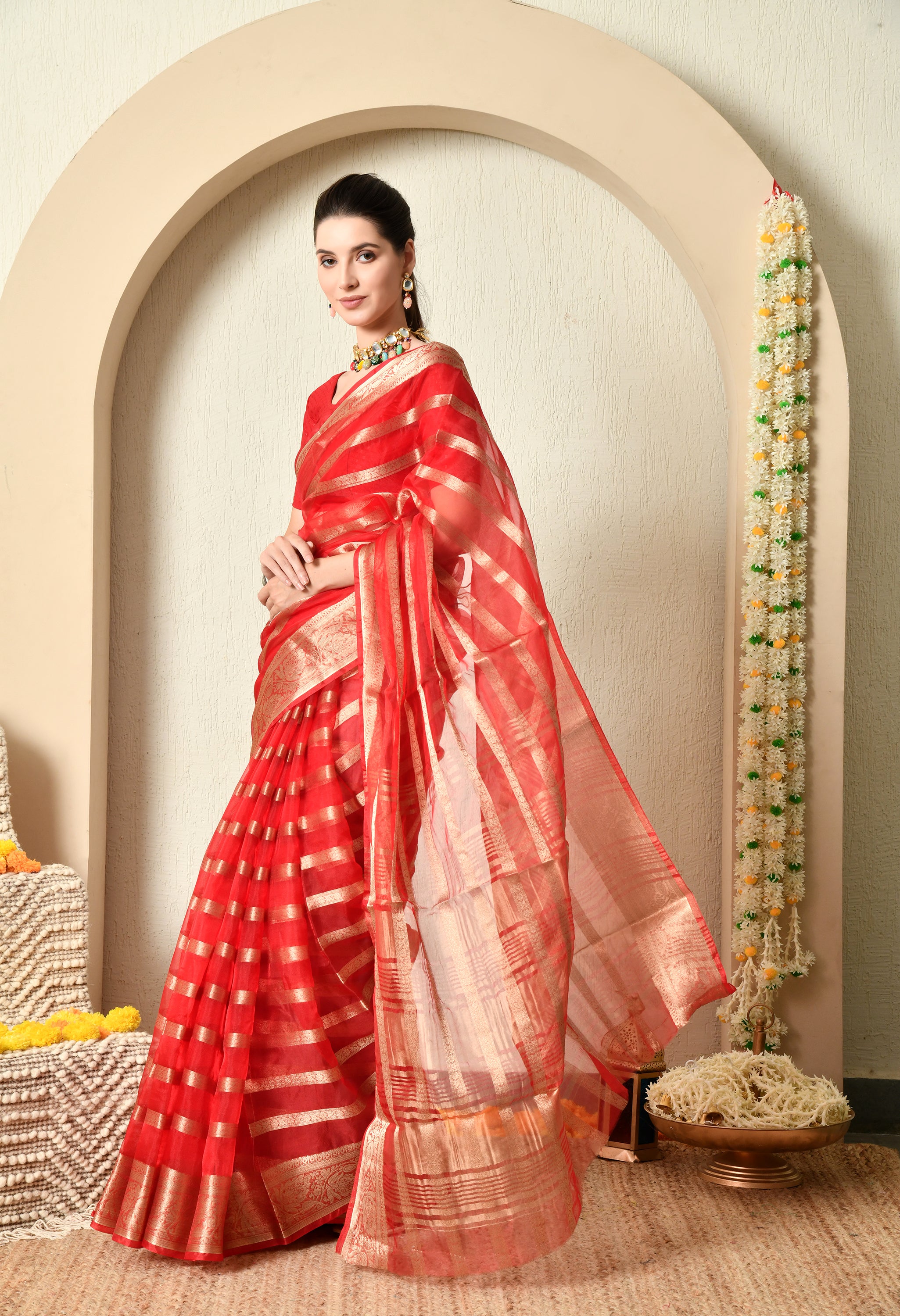 Red and Gold Organza Saree