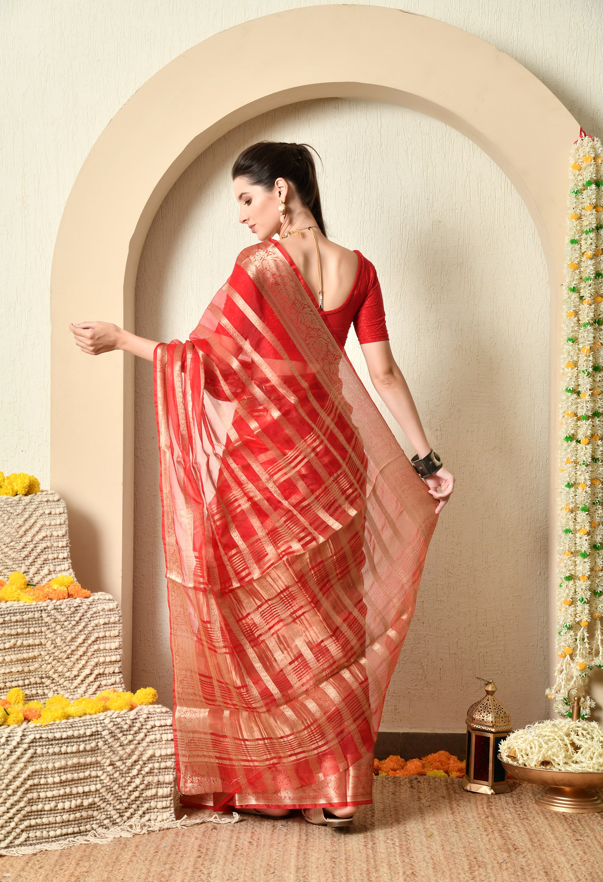 Red and Gold Organza Saree