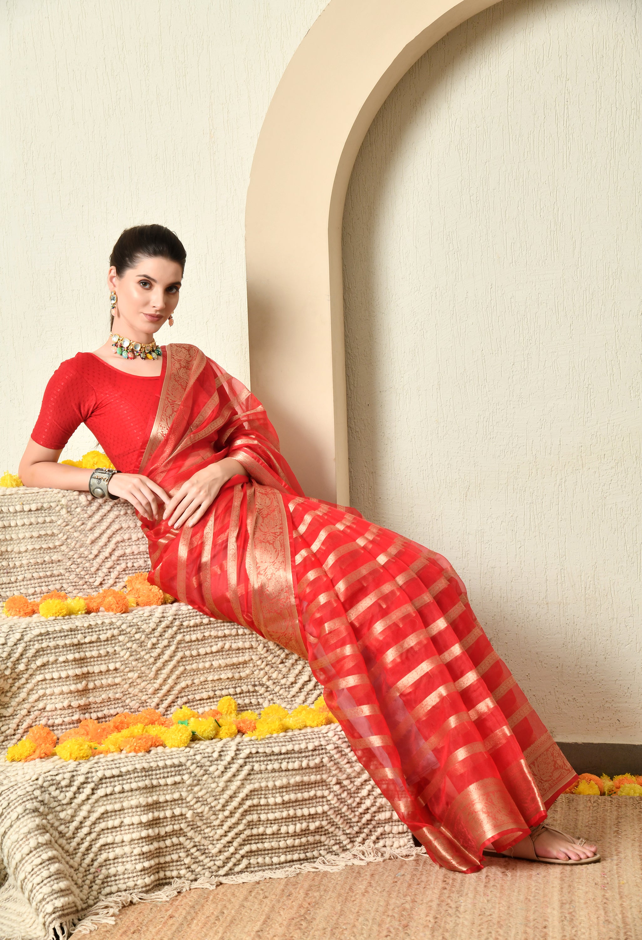 Red and Gold Organza Saree