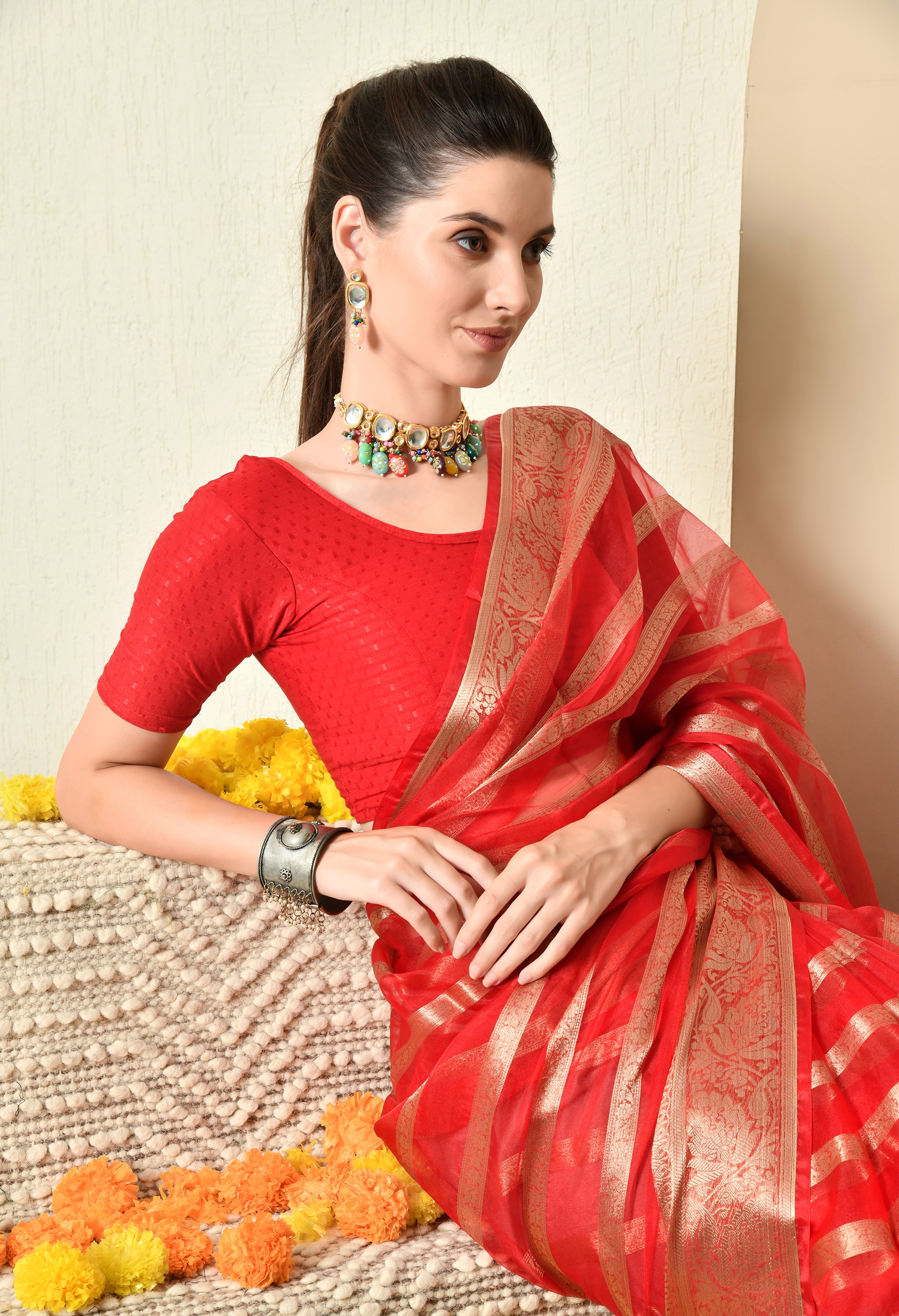 Red and Gold Organza Saree