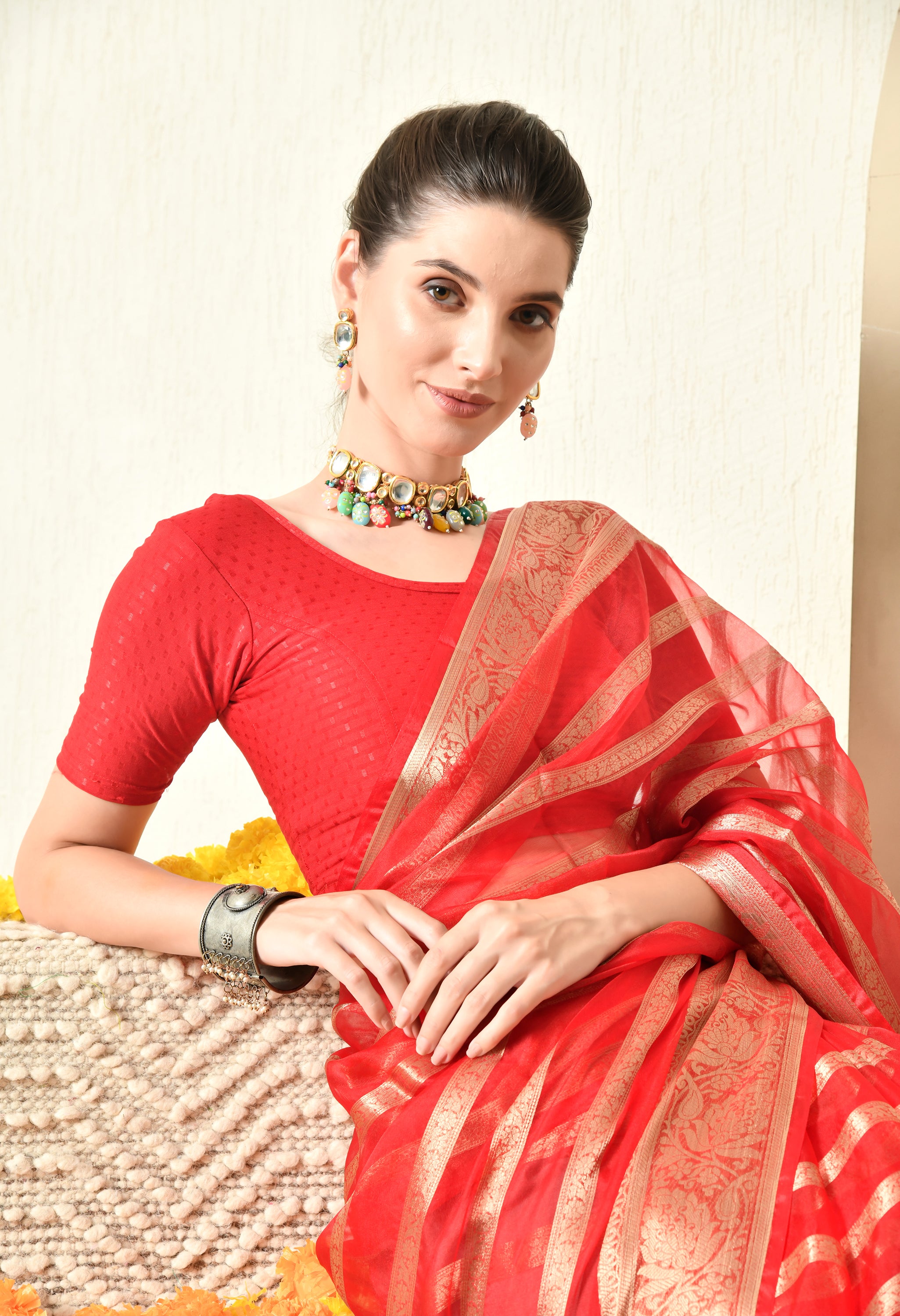 Red and Gold Organza Saree