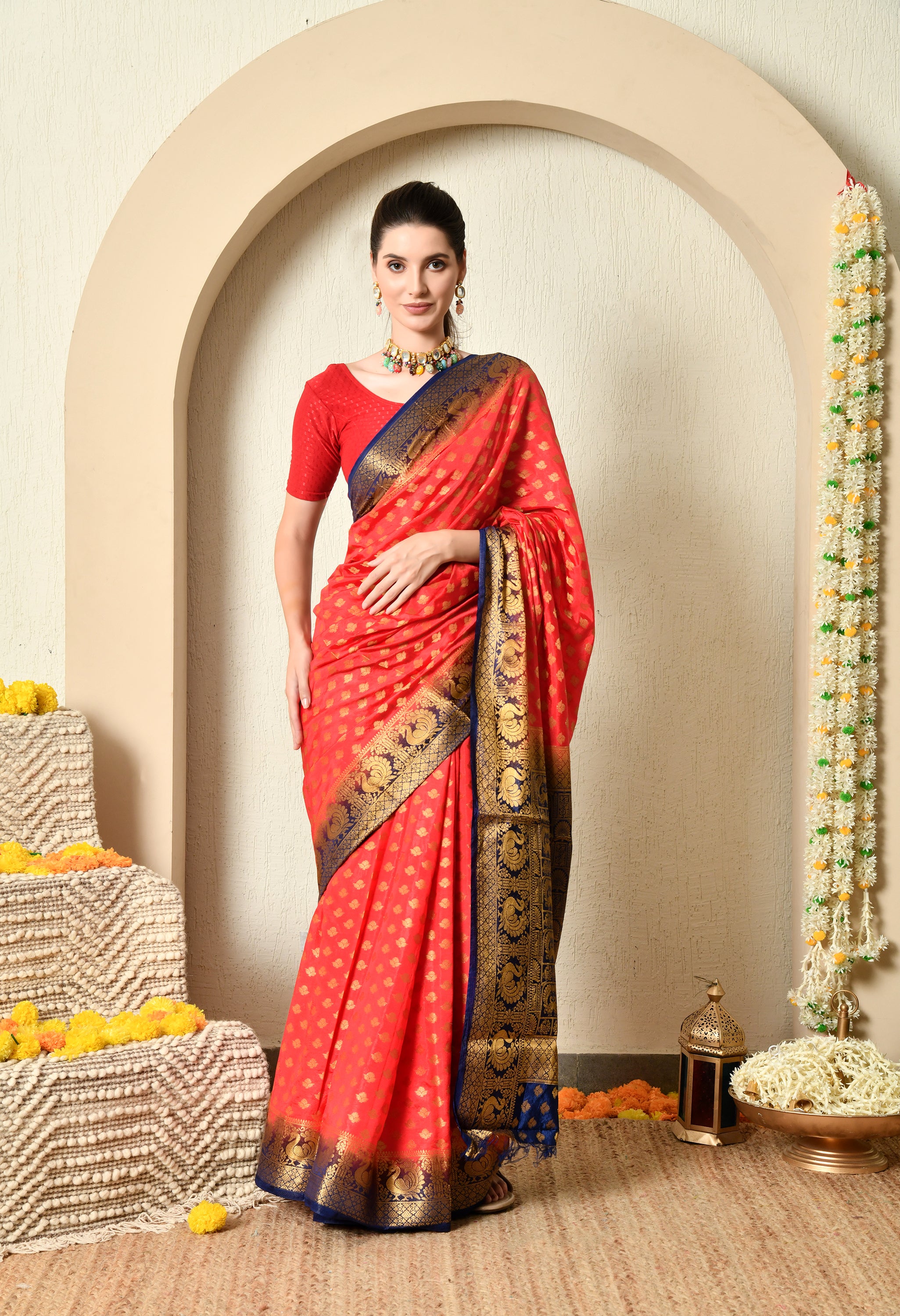 Red and Blue Malai Silk Saree