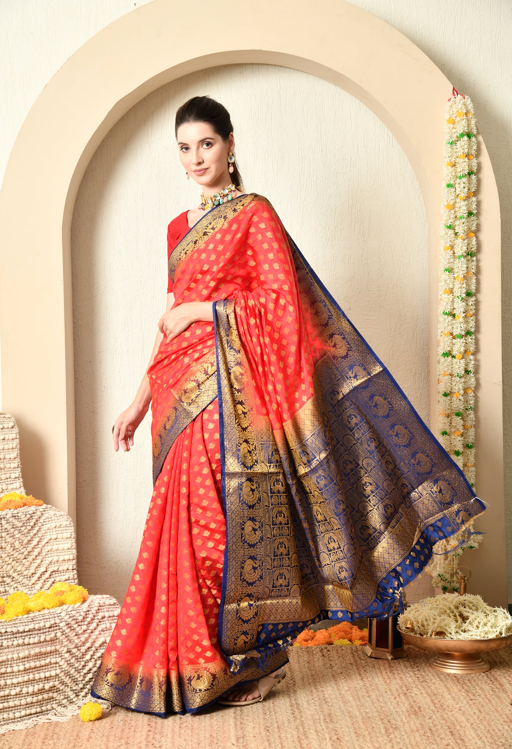 Red and Blue Malai Silk Saree