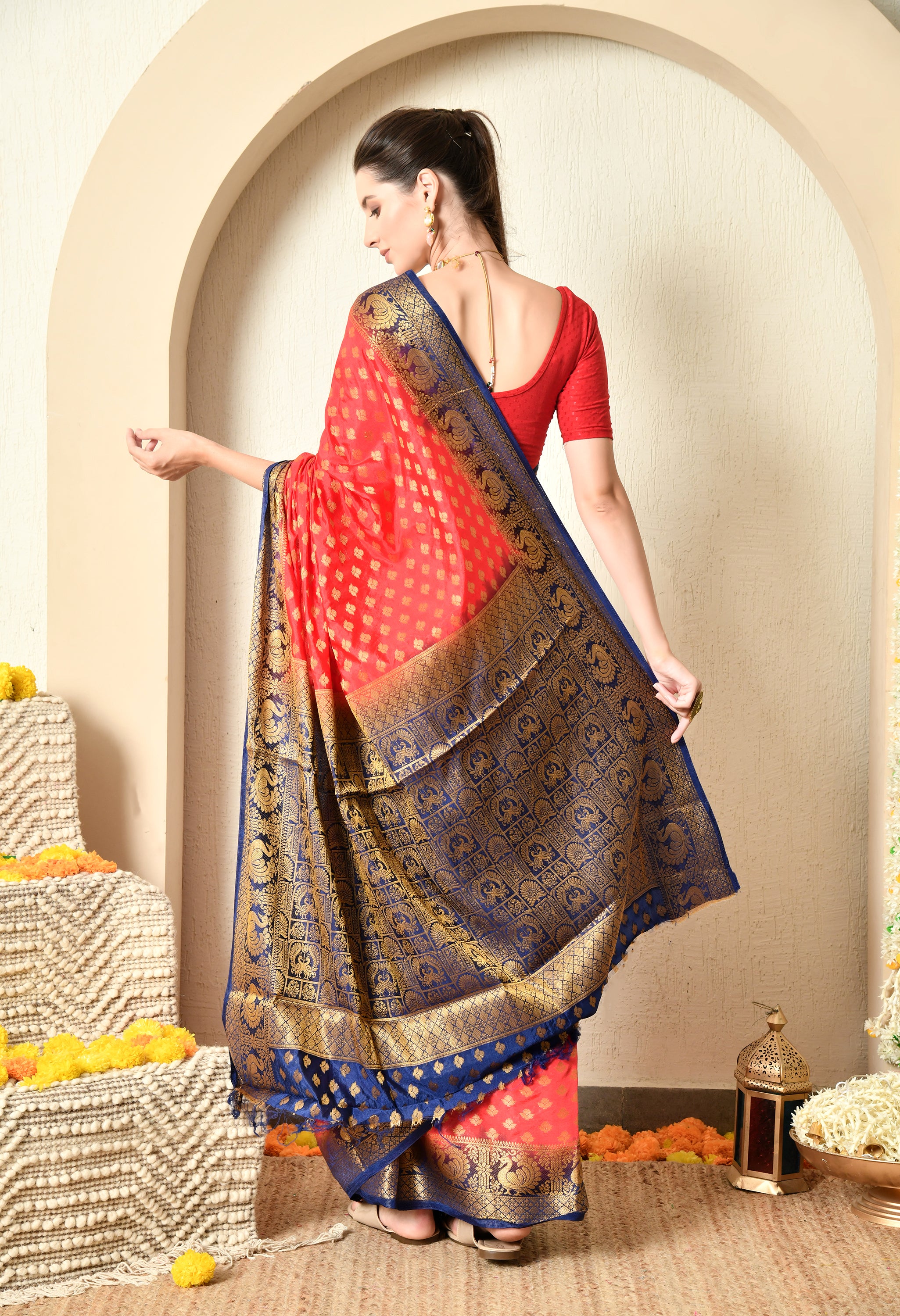 Red and Blue Malai Silk Saree