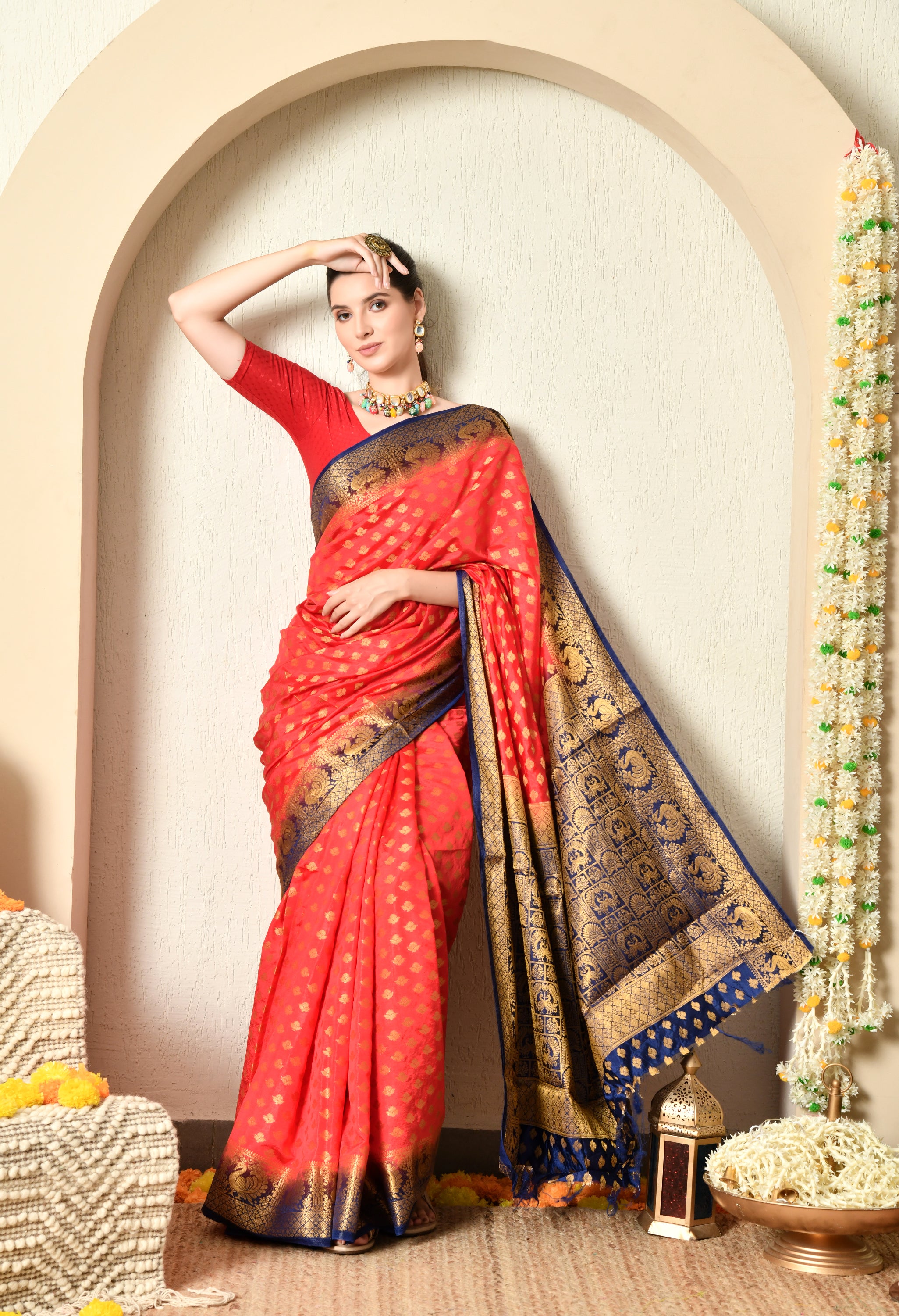 Red and Blue Malai Silk Saree