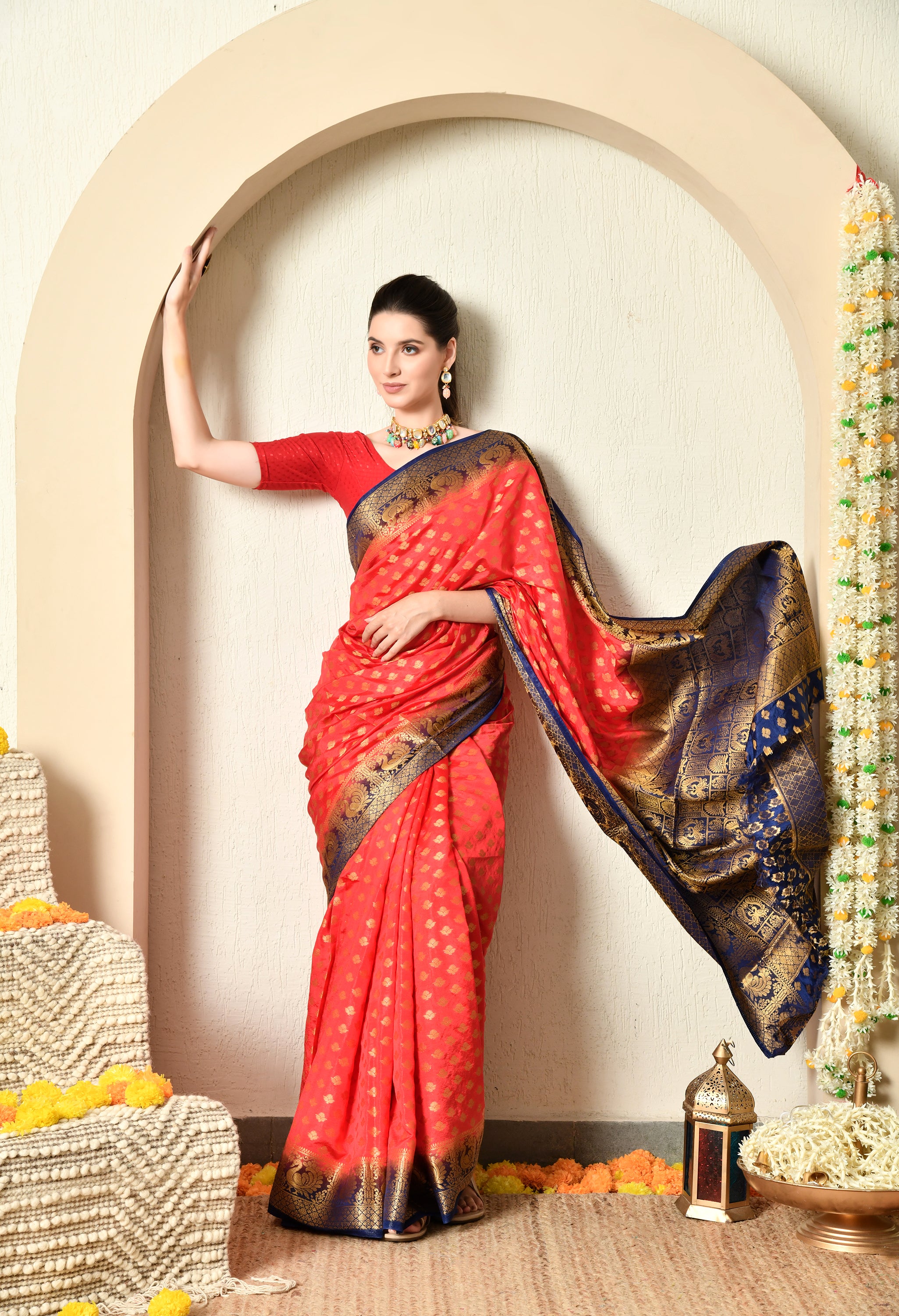 Red and Blue Malai Silk Saree