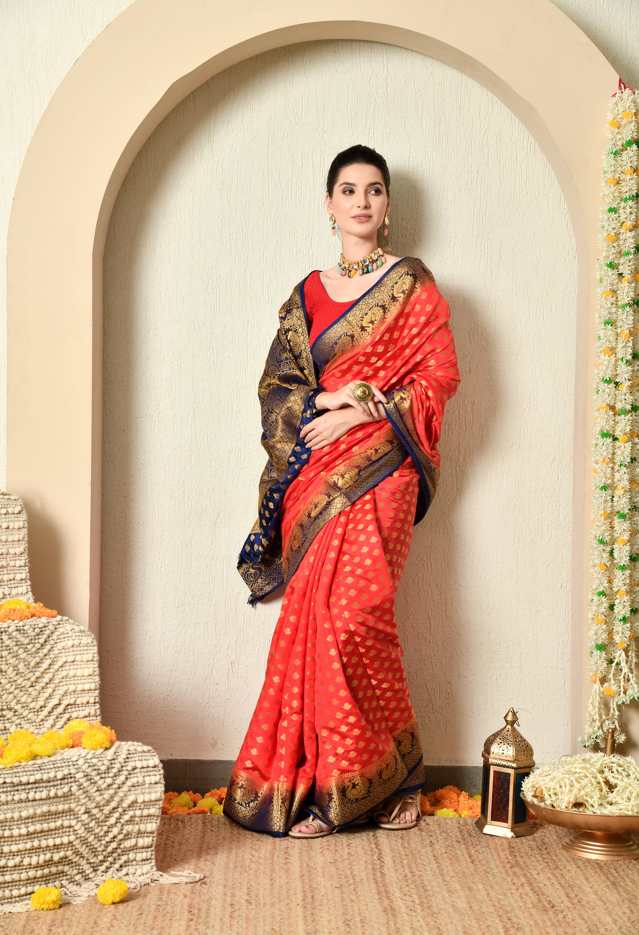 Red and Blue Malai Silk Saree