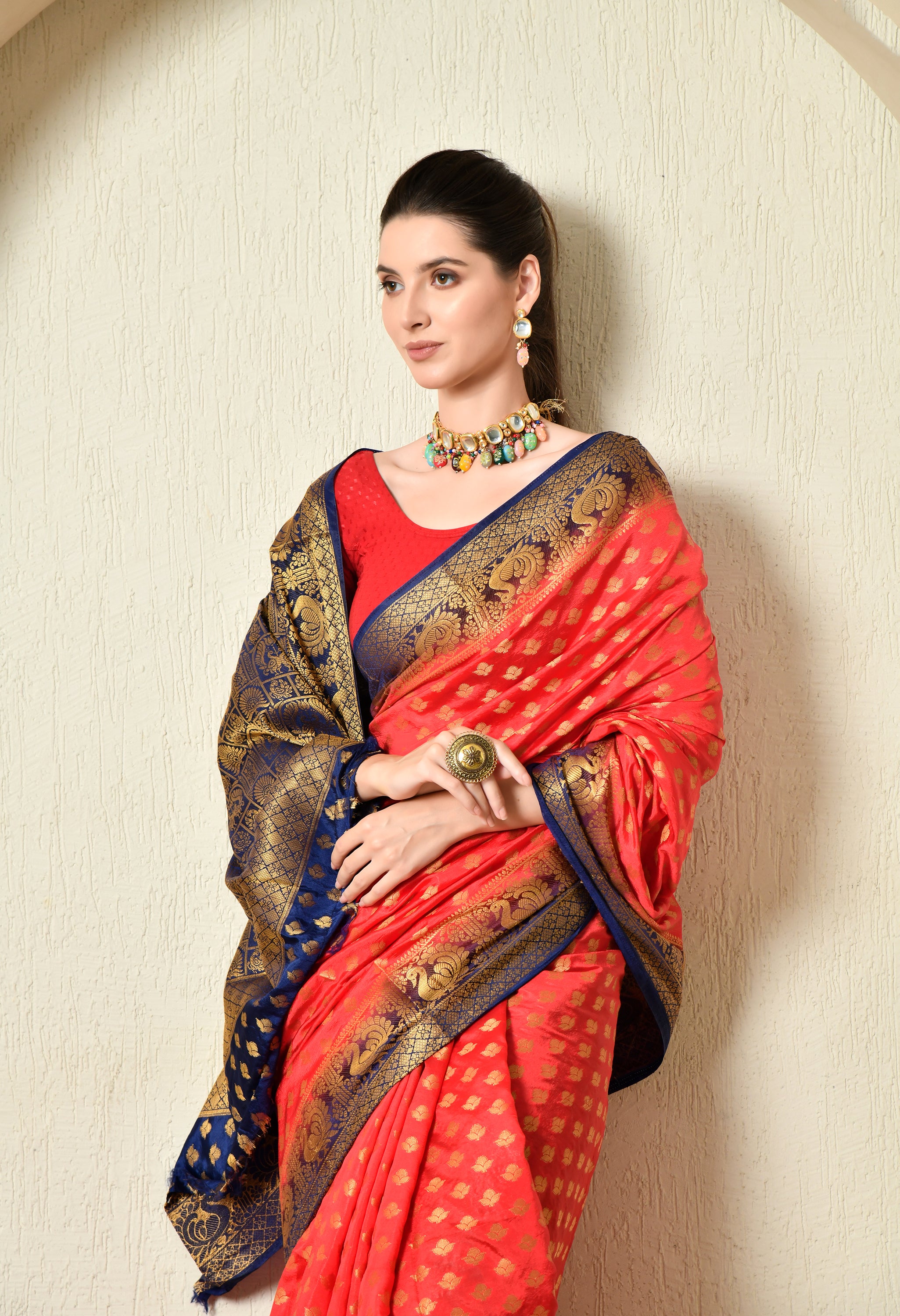 Red and Blue Malai Silk Saree