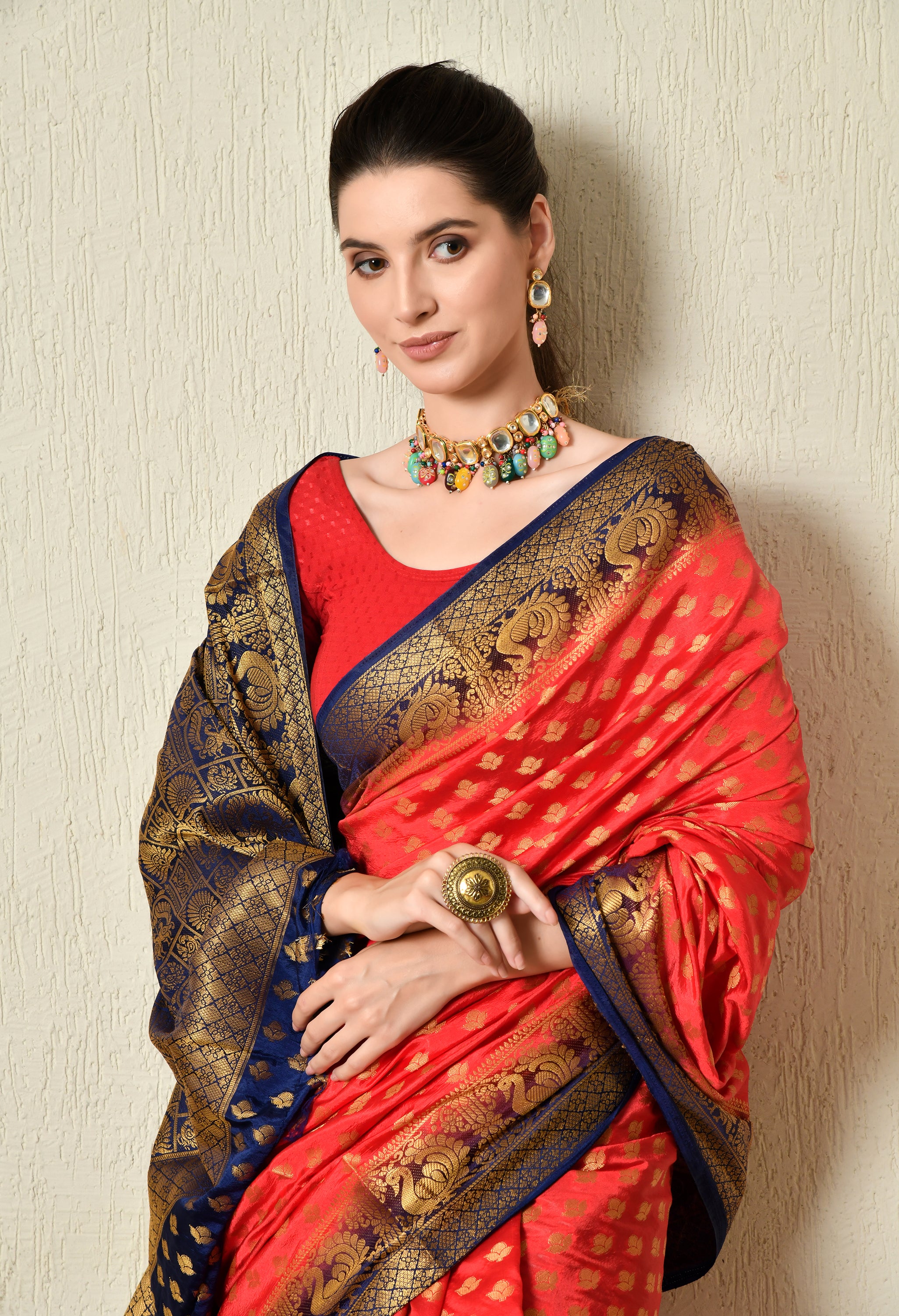 Red and Blue Malai Silk Saree