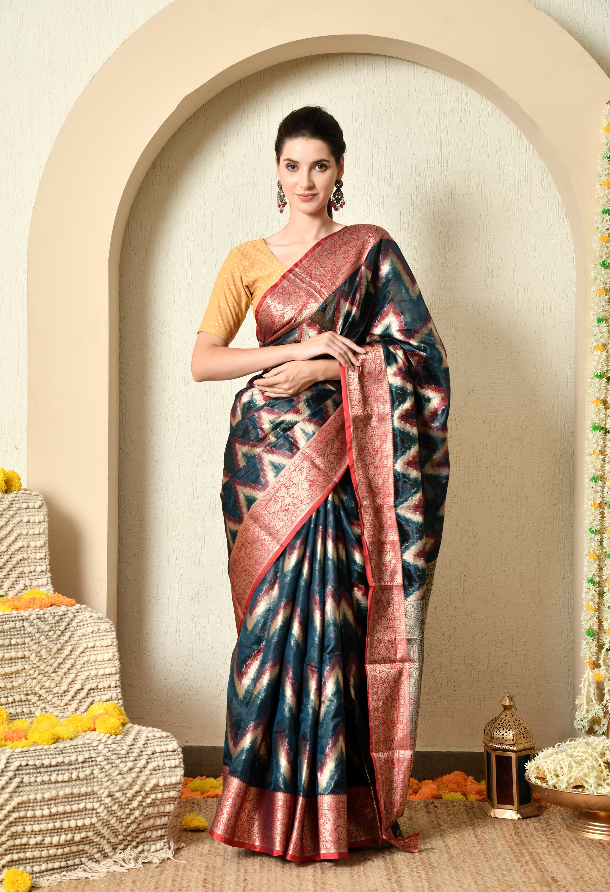 Teal Blue Organza Saree with Red Border